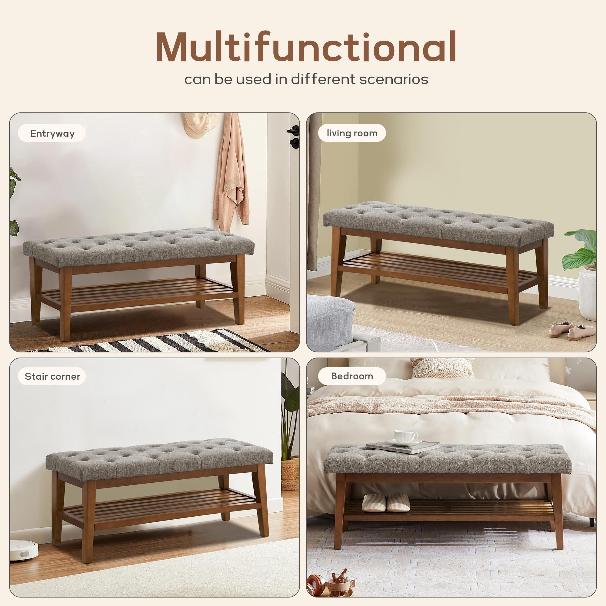Banc à chaussures d'entrée, banc de rangement en tissu et bois massif, banc rembourré de 43 pouces pour salon et chambres
