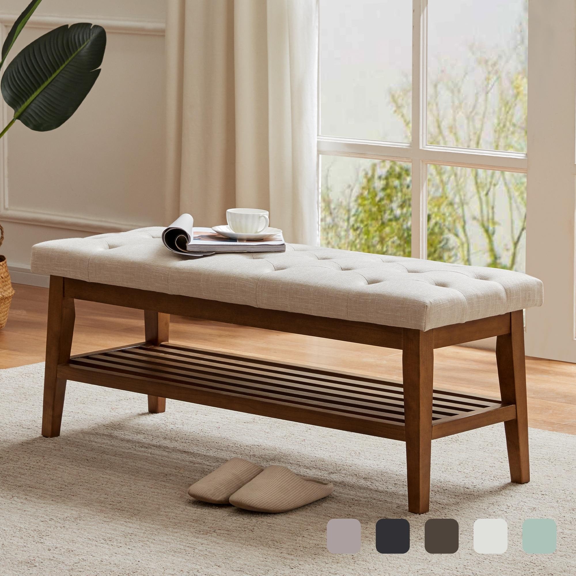 Banc à chaussures d'entrée, banc de rangement en tissu et bois massif, banc rembourré de 43 pouces pour salon et chambres