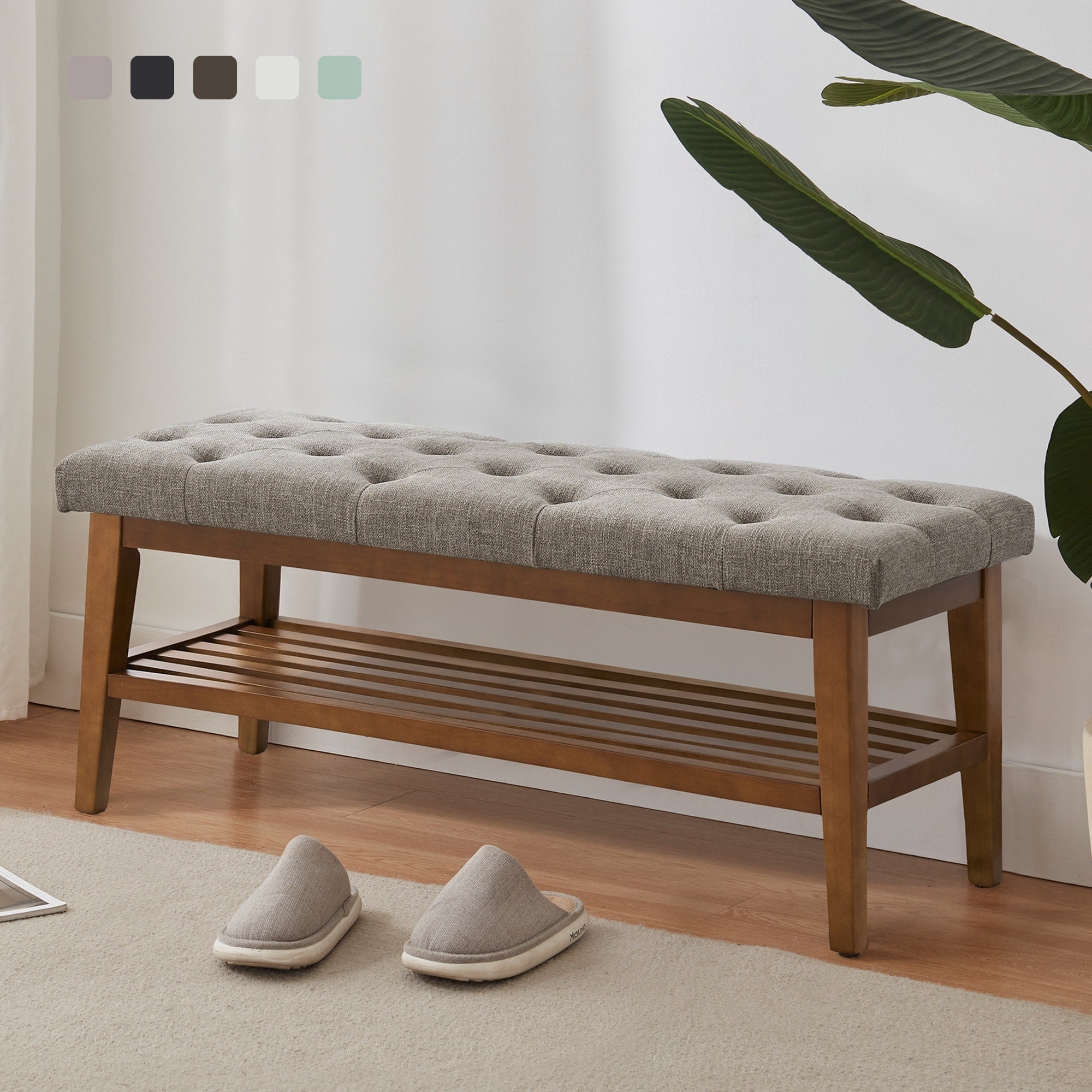 Banc à chaussures d'entrée, banc de rangement en tissu et bois massif, banc rembourré de 43 pouces pour salon et chambres