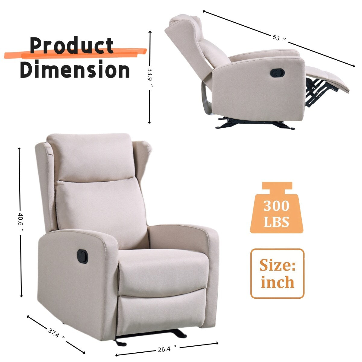 Fauteuil inclinable à bascule ergonomique pivotant à 360° en tissu avec support lombaire
