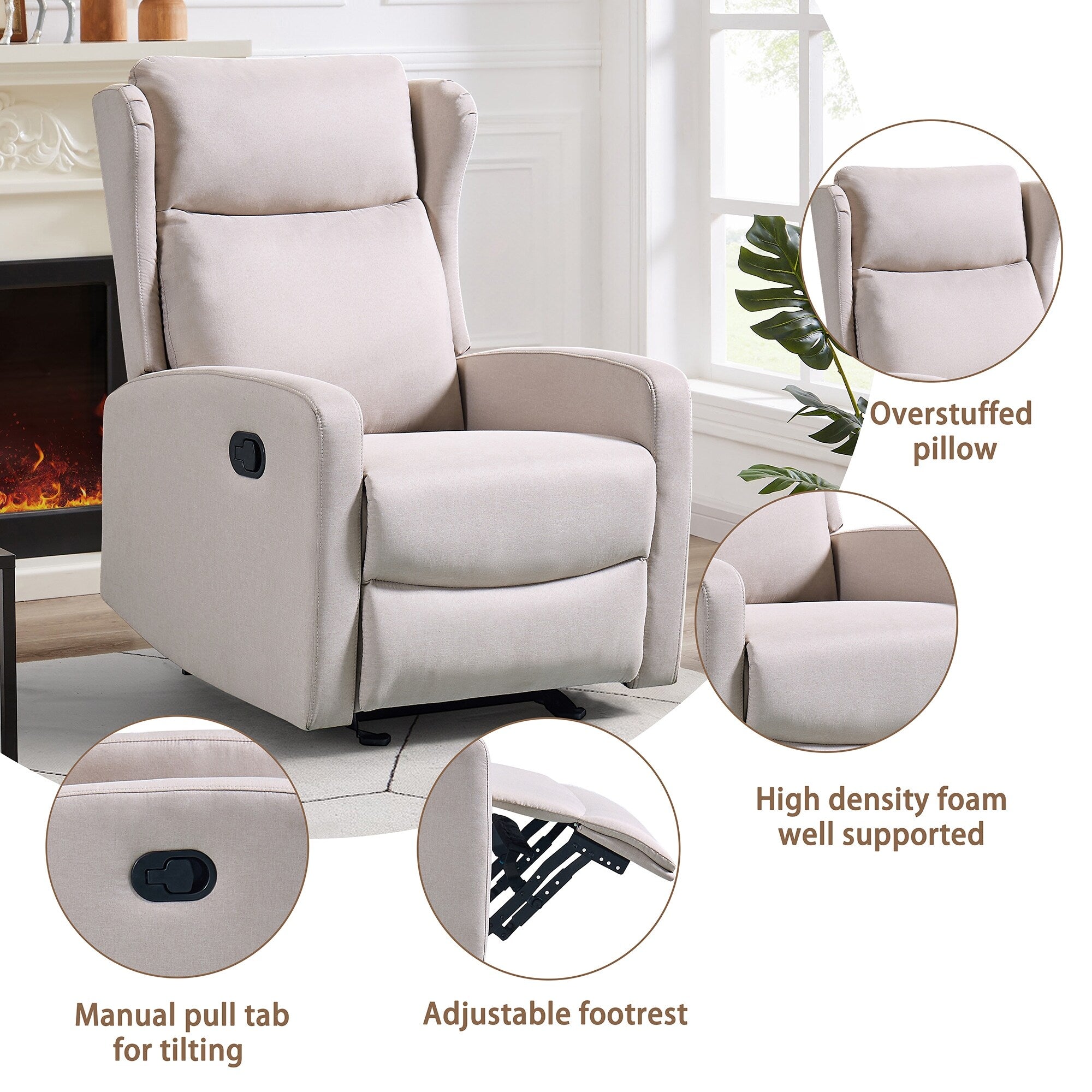 Fauteuil inclinable à bascule ergonomique pivotant à 360° en tissu avec support lombaire