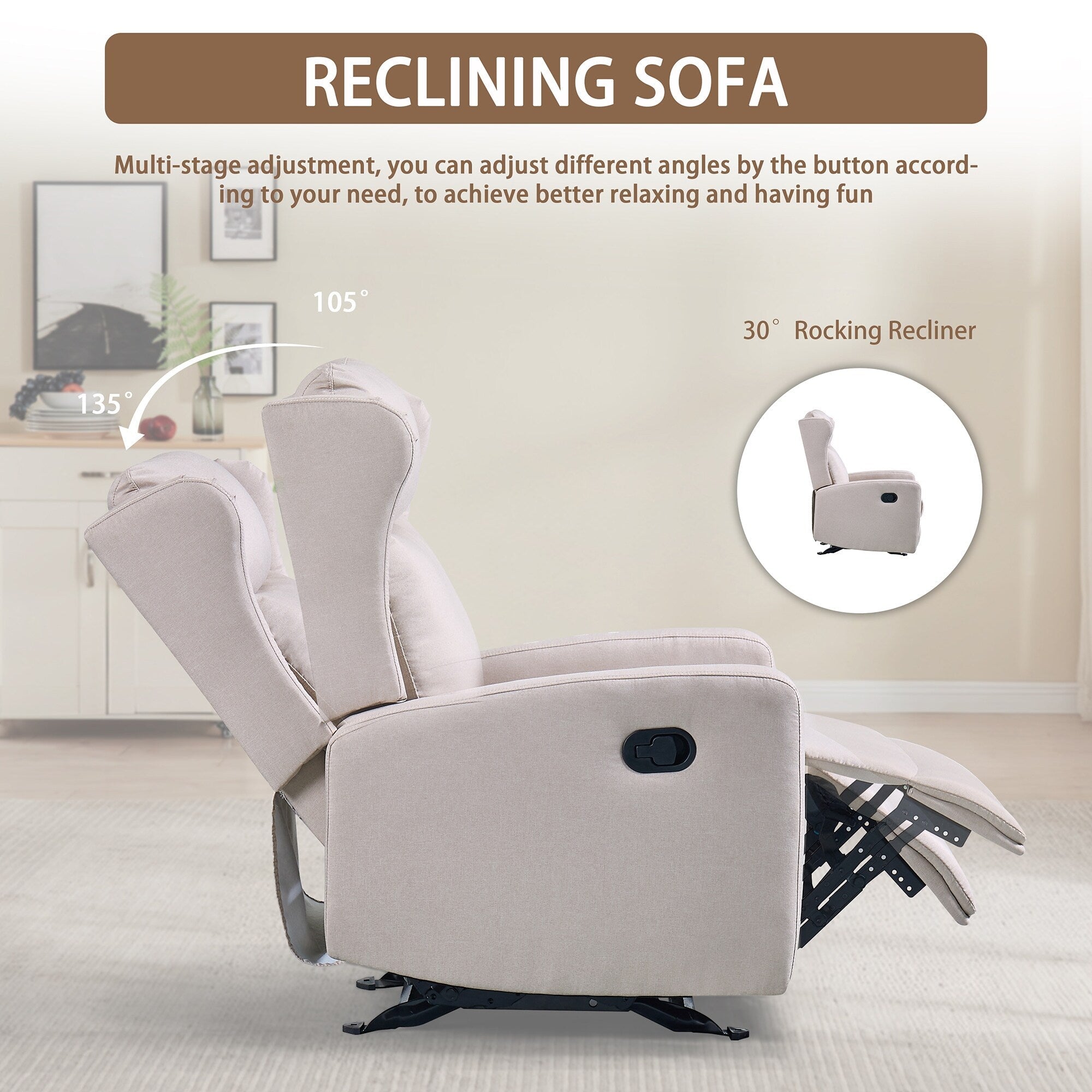 Fauteuil inclinable à bascule ergonomique pivotant à 360° en tissu avec support lombaire