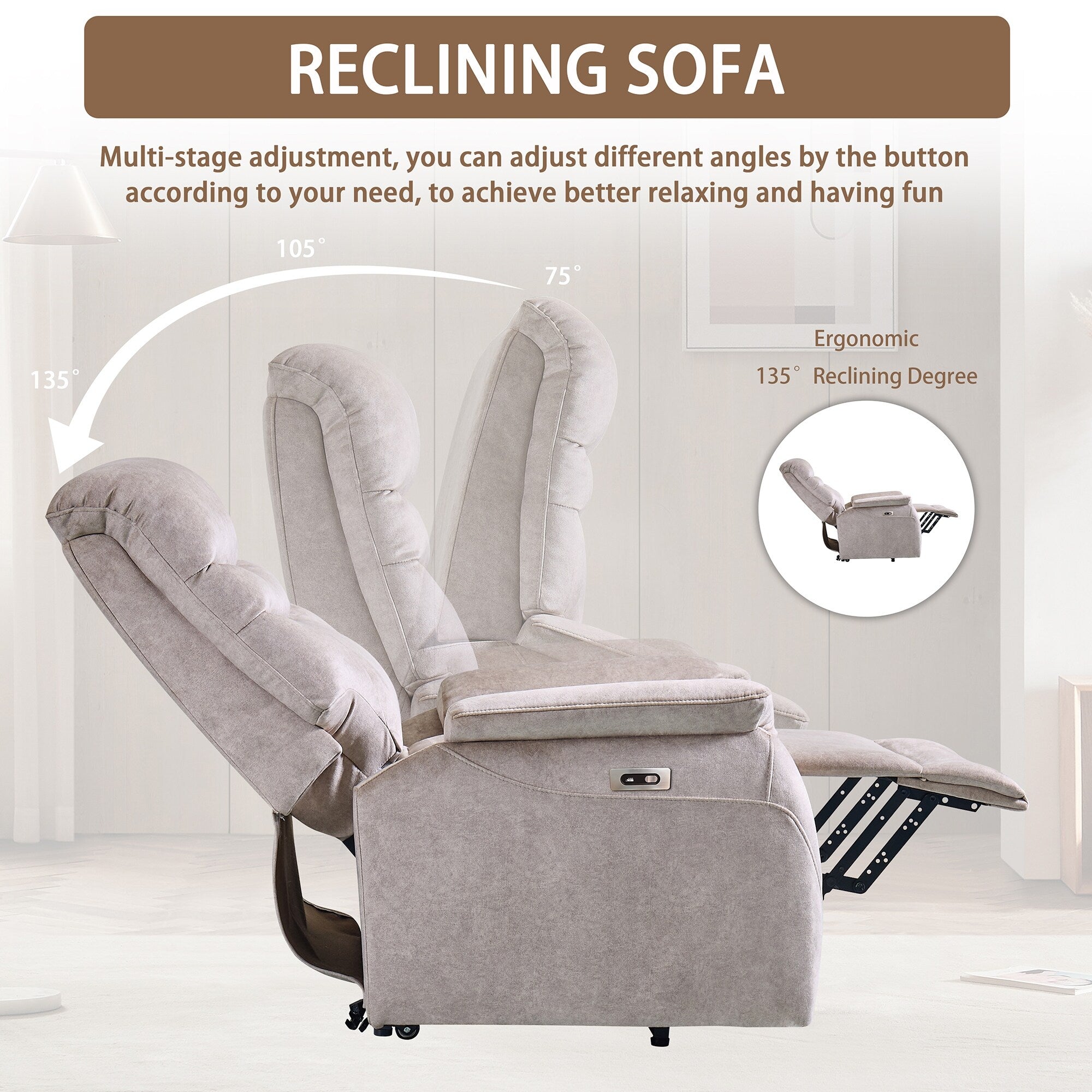 Fauteuil inclinable électrique ergonomique en velours avec télécommande et repose-pieds extensible