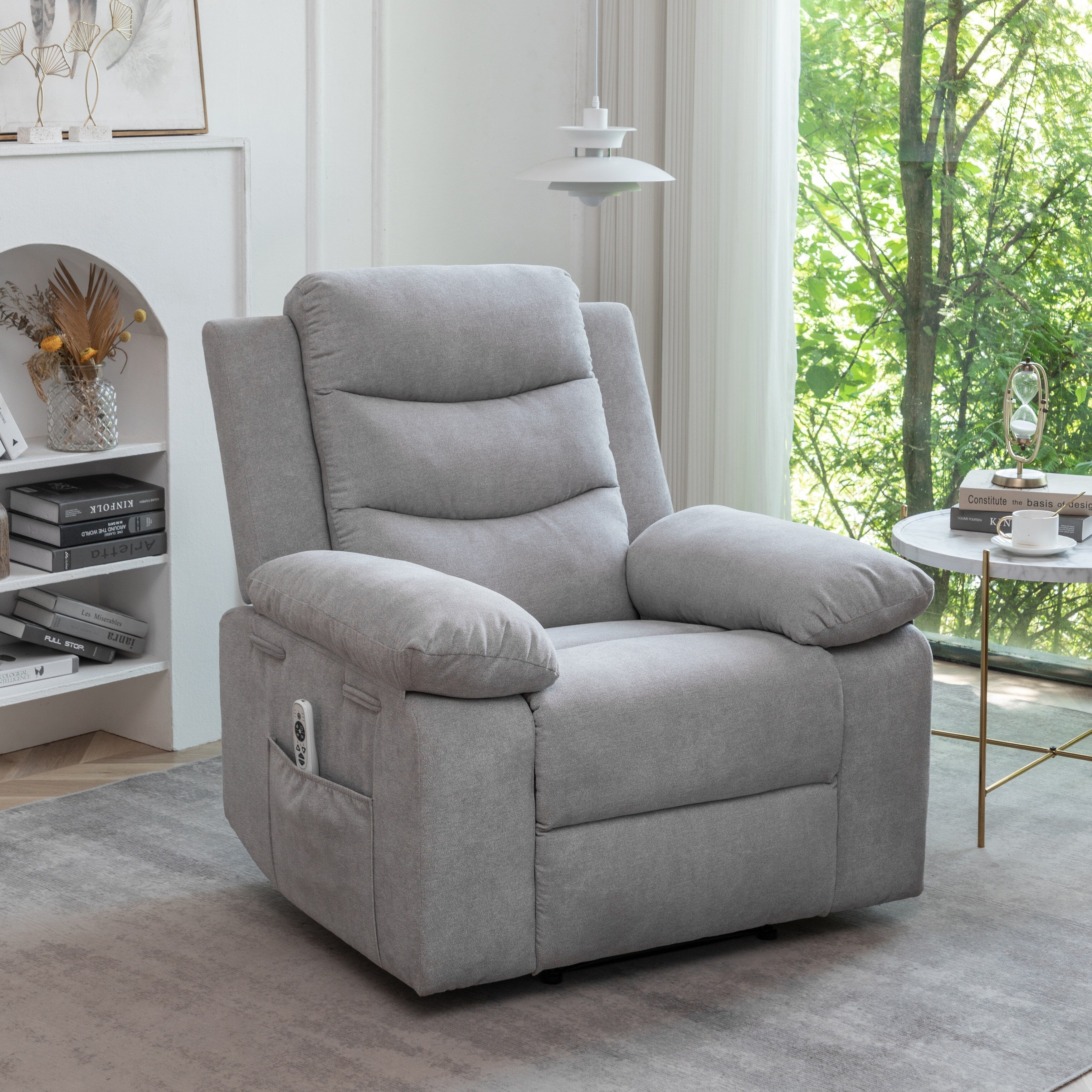 Fauteuil inclinable électrique ergonomique en velours avec massage par vibration à 8 points, chauffage et poche latérale