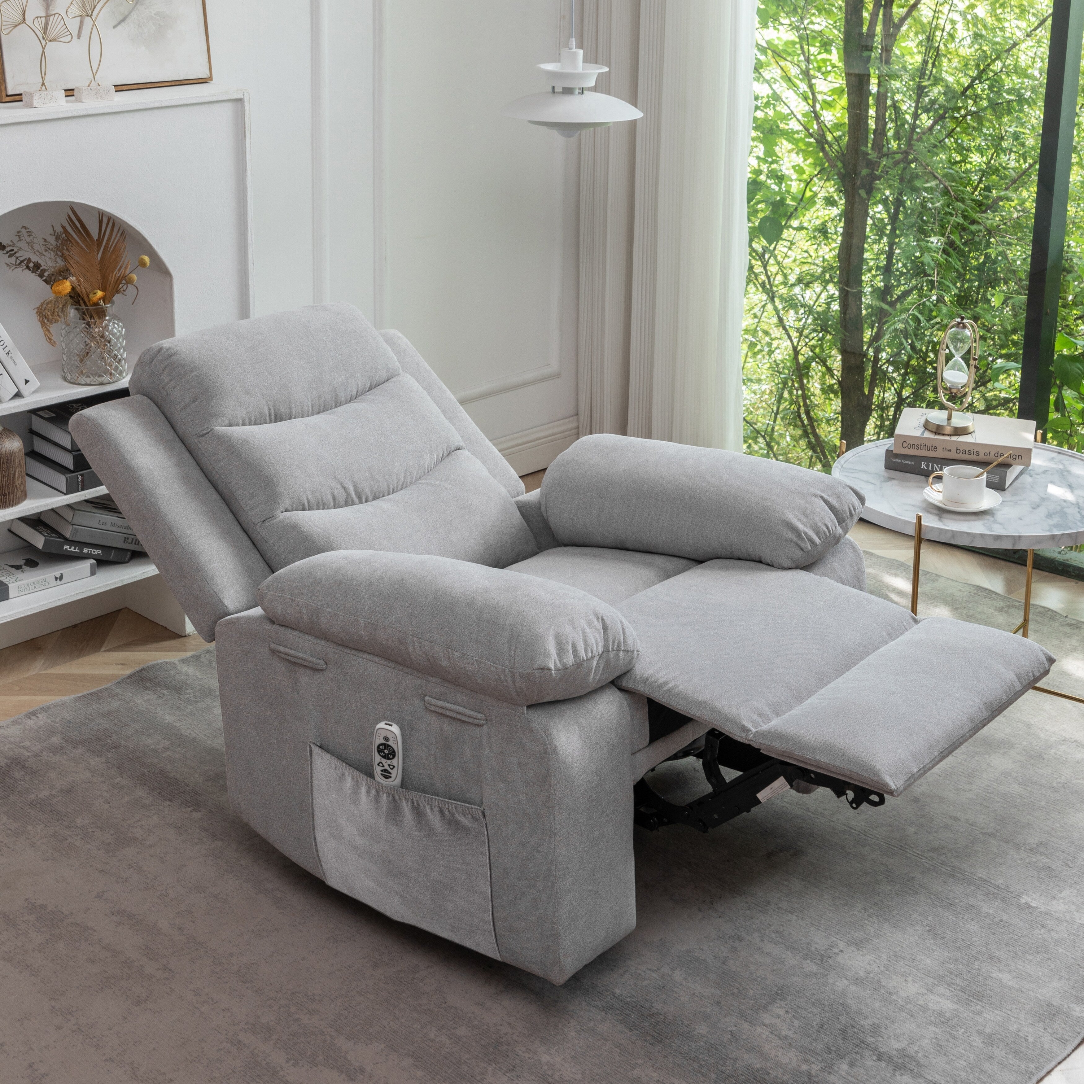 Fauteuil inclinable électrique ergonomique en velours avec massage par vibration à 8 points, chauffage et poche latérale