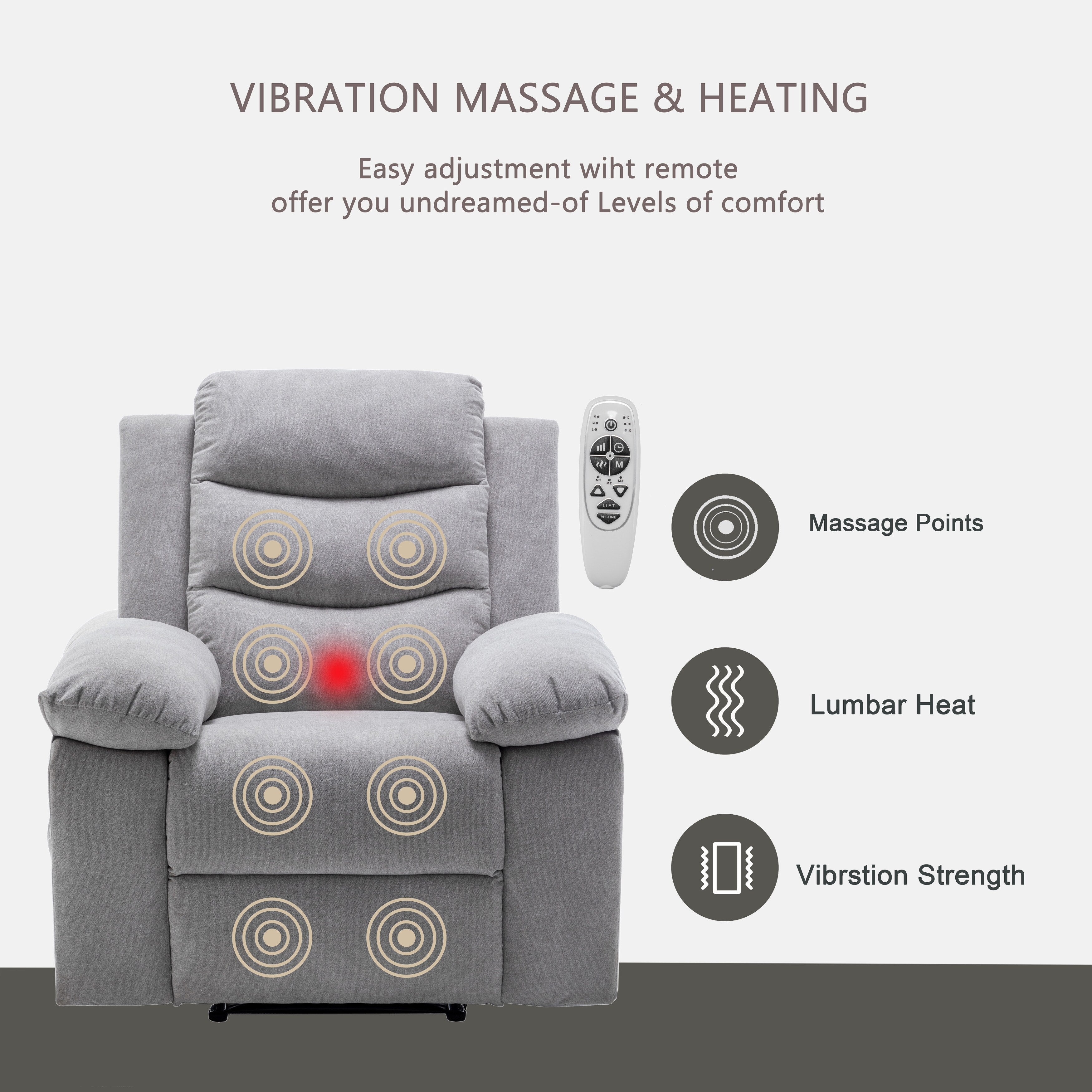 Fauteuil inclinable électrique ergonomique en velours avec massage par vibration à 8 points, chauffage et poche latérale