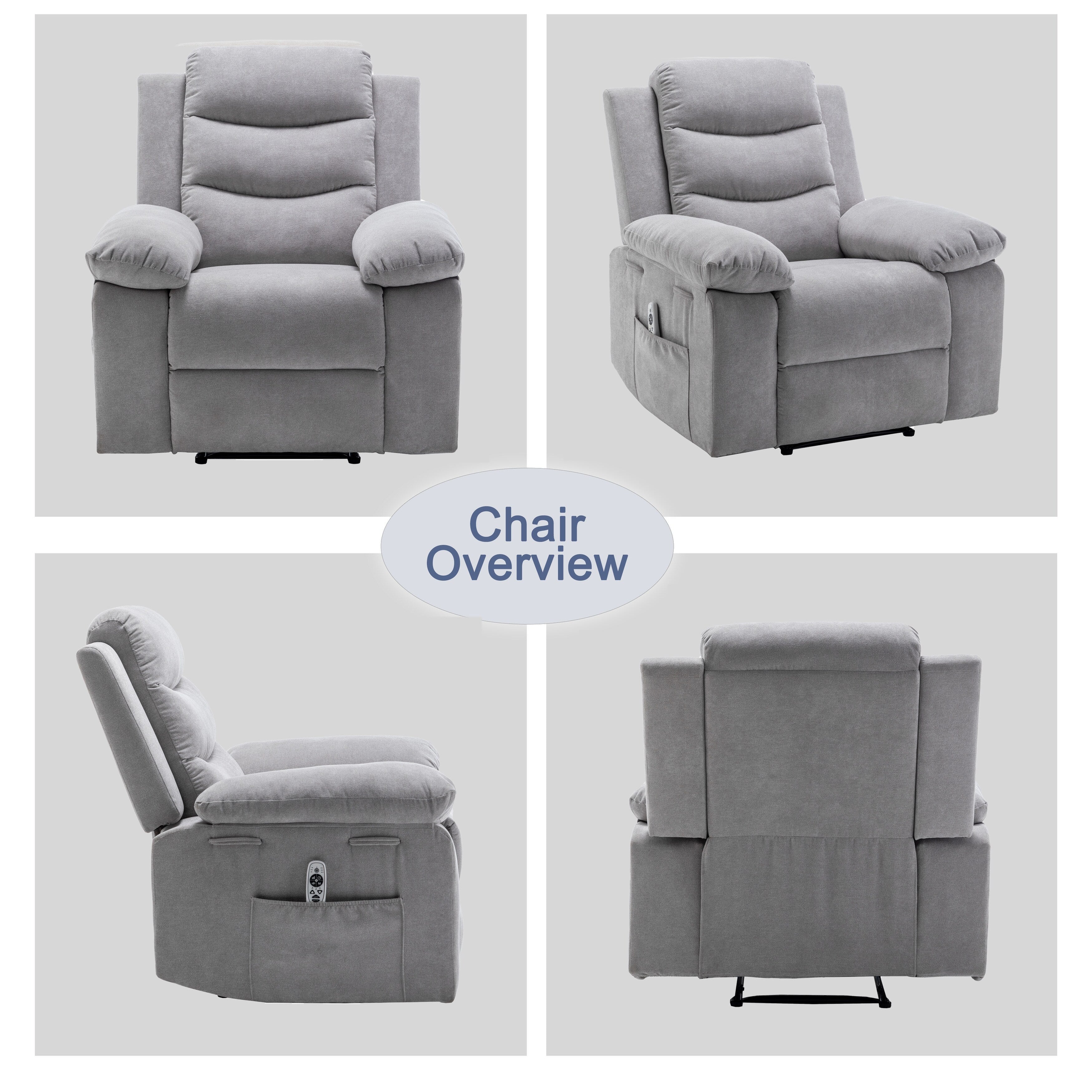 Fauteuil inclinable électrique ergonomique en velours avec massage par vibration à 8 points, chauffage et poche latérale