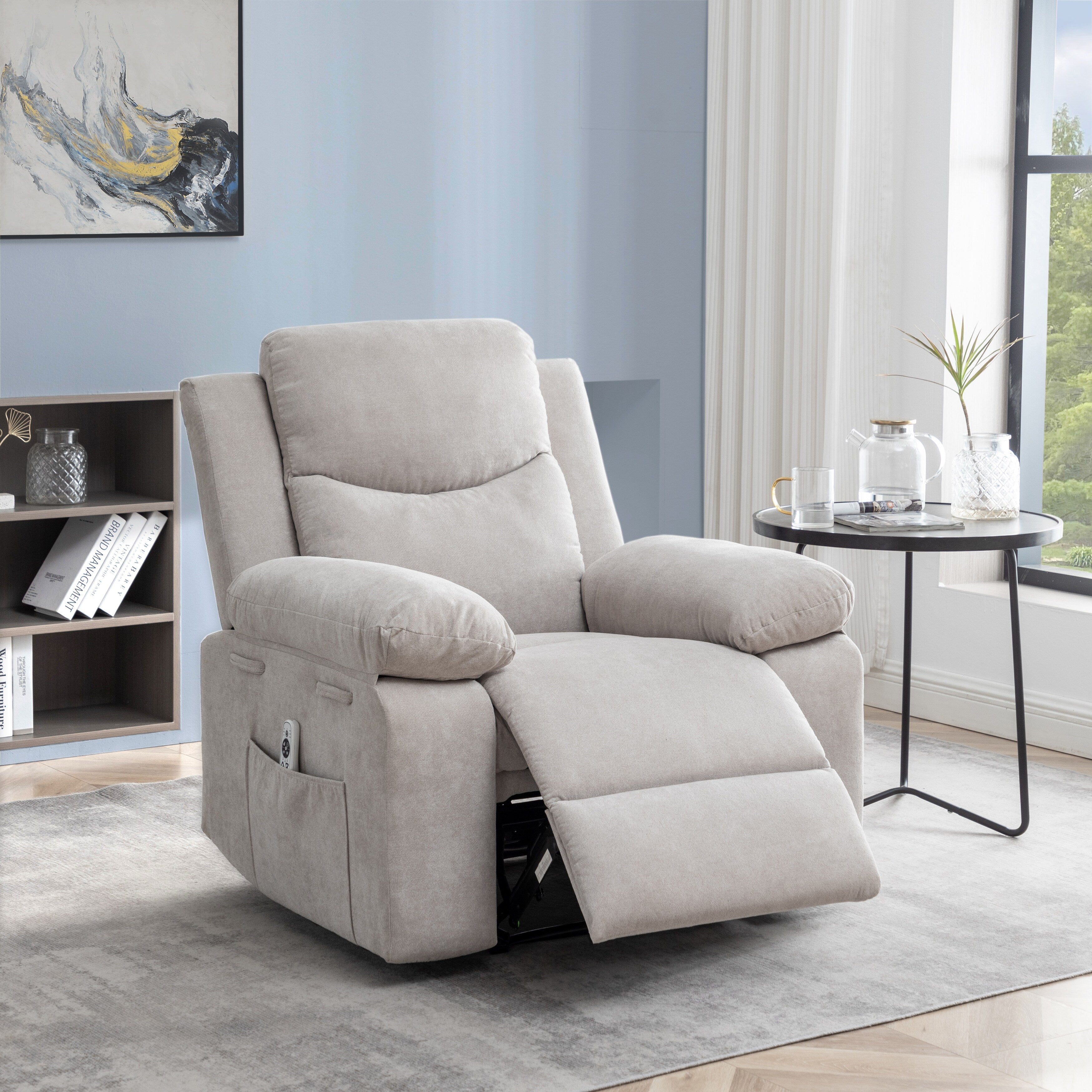 Fauteuil inclinable électrique ergonomique en velours avec massage par vibration à 8 points, chauffage et poche latérale