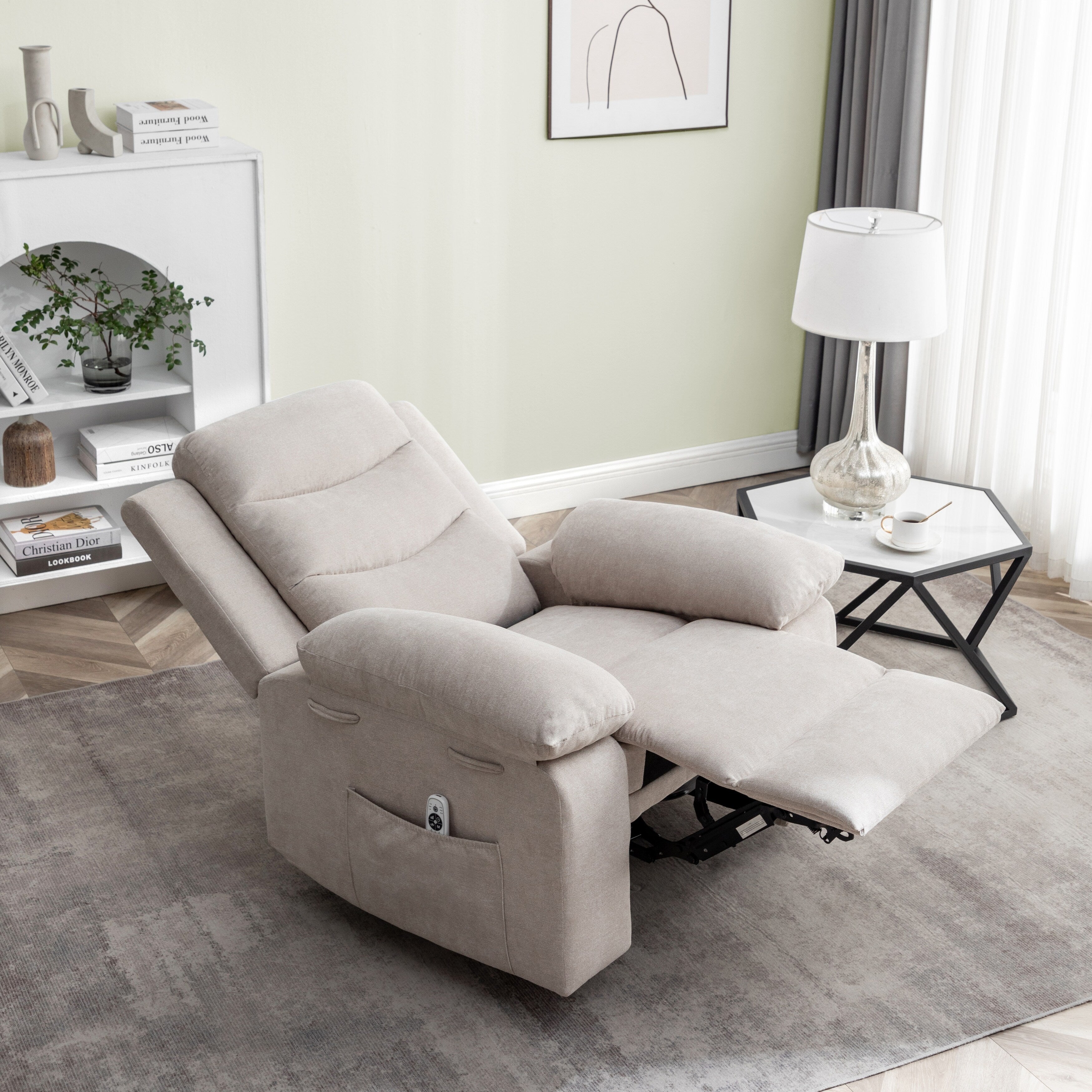 Fauteuil inclinable électrique ergonomique en velours avec massage par vibration à 8 points, chauffage et poche latérale