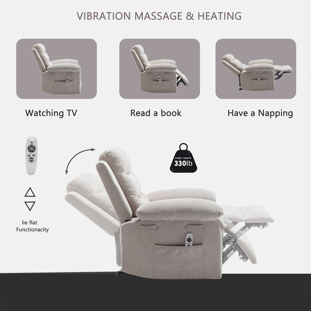 Fauteuil inclinable électrique ergonomique en velours avec massage par vibration à 8 points, chauffage et poche latérale