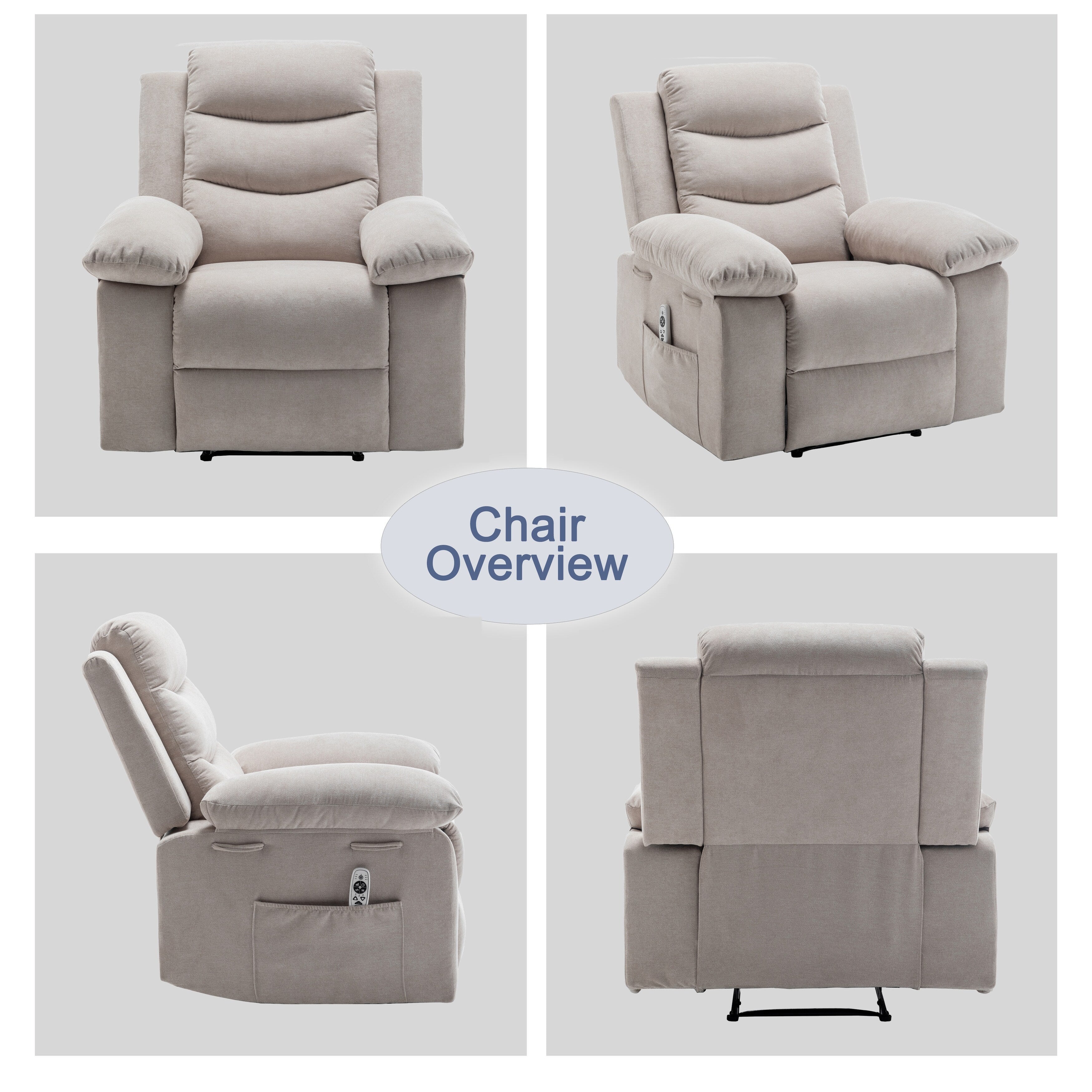 Fauteuil inclinable électrique ergonomique en velours avec massage par vibration à 8 points, chauffage et poche latérale