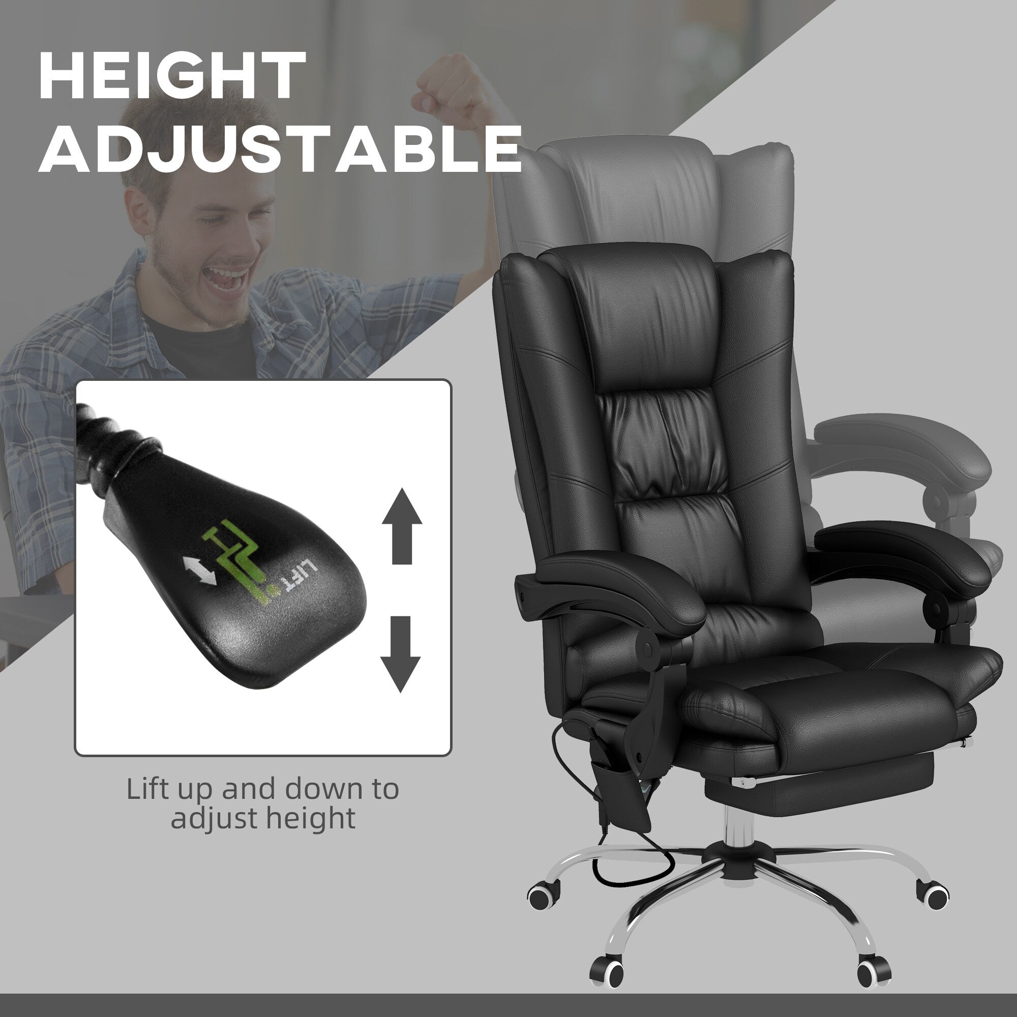 Fauteuil de bureau ergonomique, fauteuil de massage inclinable, fauteuil de bureau d'ordinateur avec chauffage lombaire et repose-pieds extensible