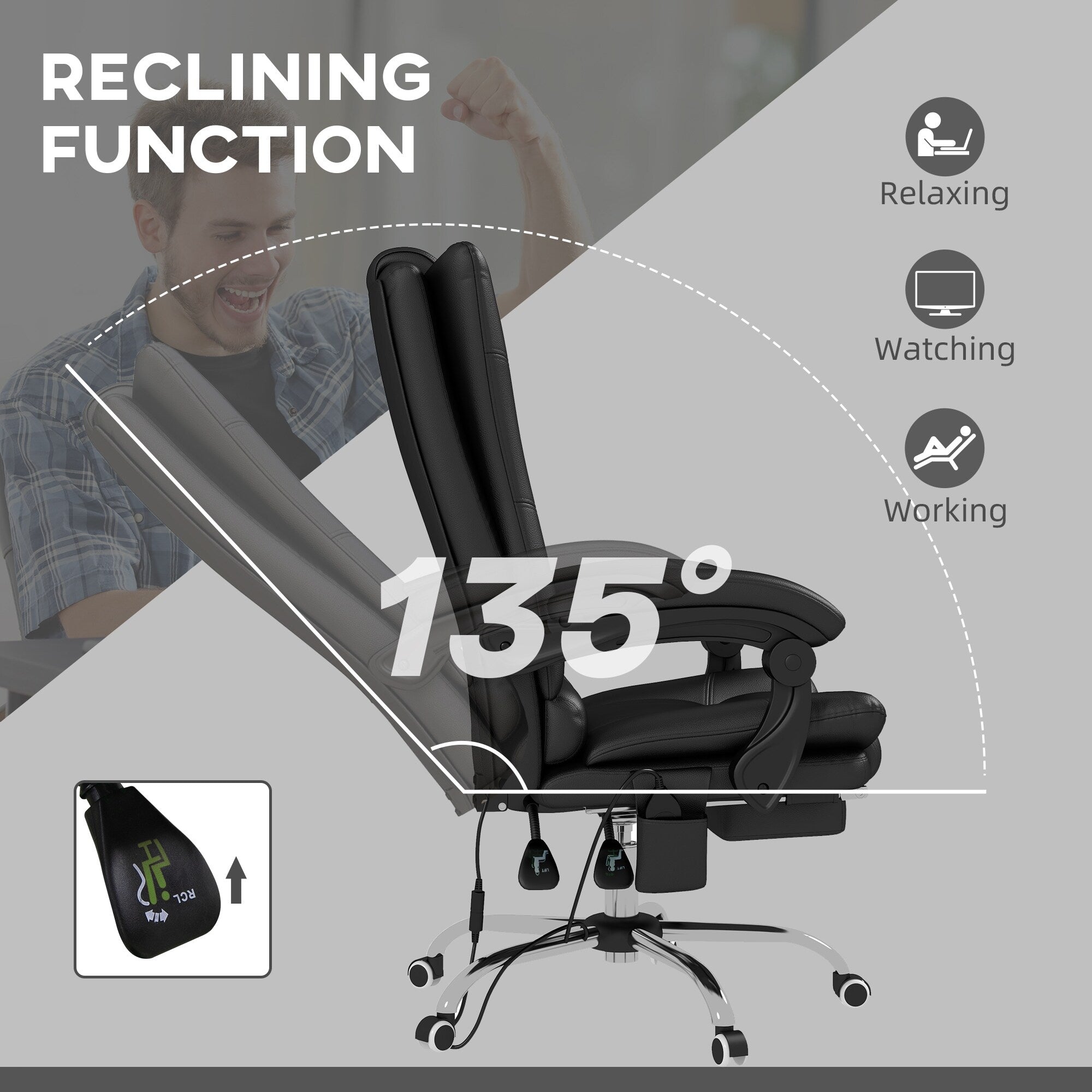 Fauteuil de bureau ergonomique, fauteuil de massage inclinable, fauteuil de bureau d'ordinateur avec chauffage lombaire et repose-pieds extensible
