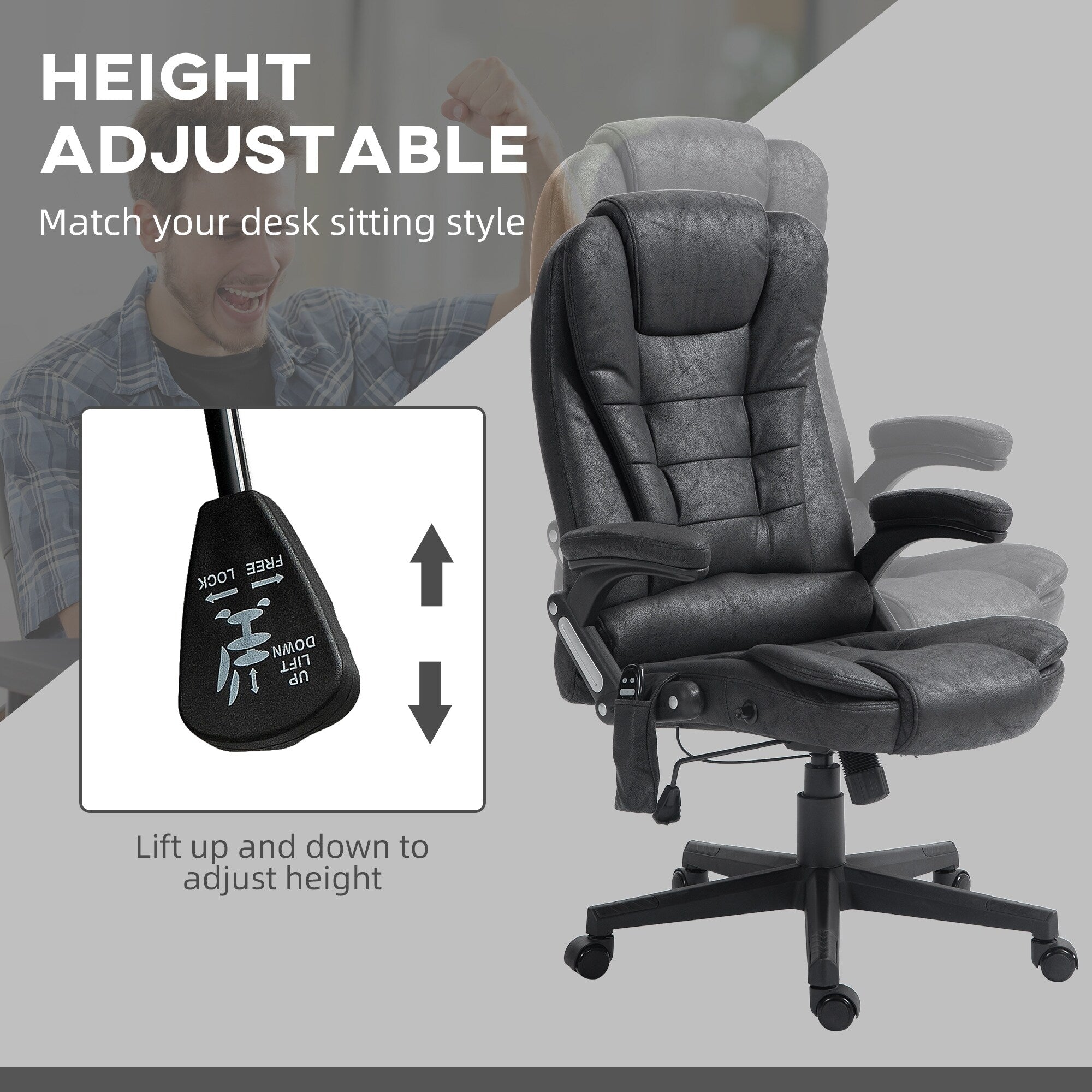 Fauteuil de bureau ergonomique chauffant et massant, inclinable, dossier haut, avec vibrations à 6 points et hauteur réglable