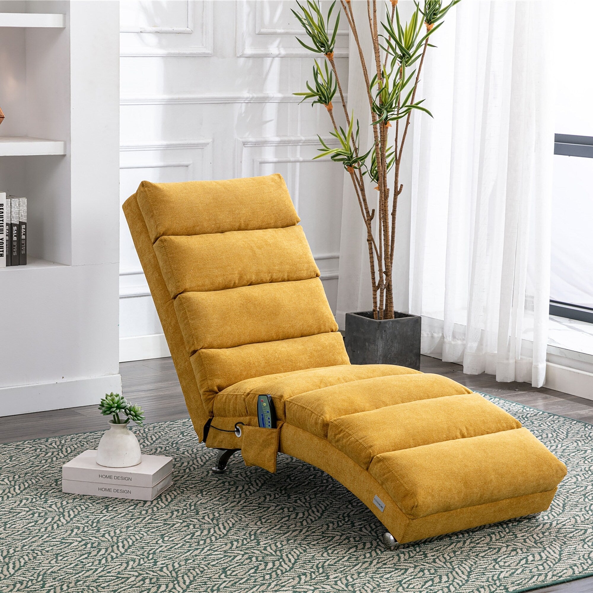 Chaise longue de massage ergonomique en lin, inclinable, capitonnée et rembourrée, avec télécommande et 5 modes de vibration