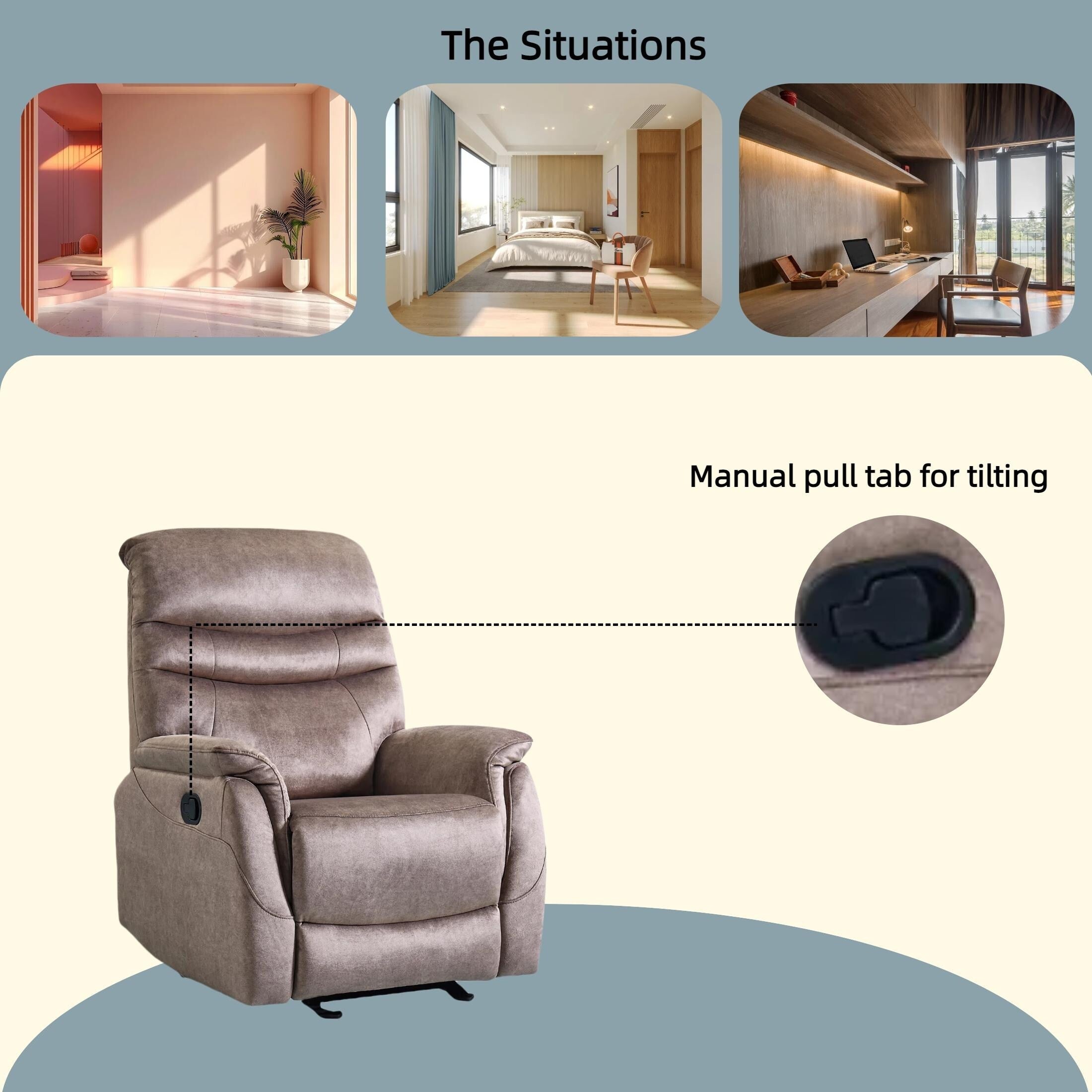 Fauteuil à bascule manuel ergonomique, fauteuil inclinable réglable moderne, dossier haut, canapé simple, siège rembourré