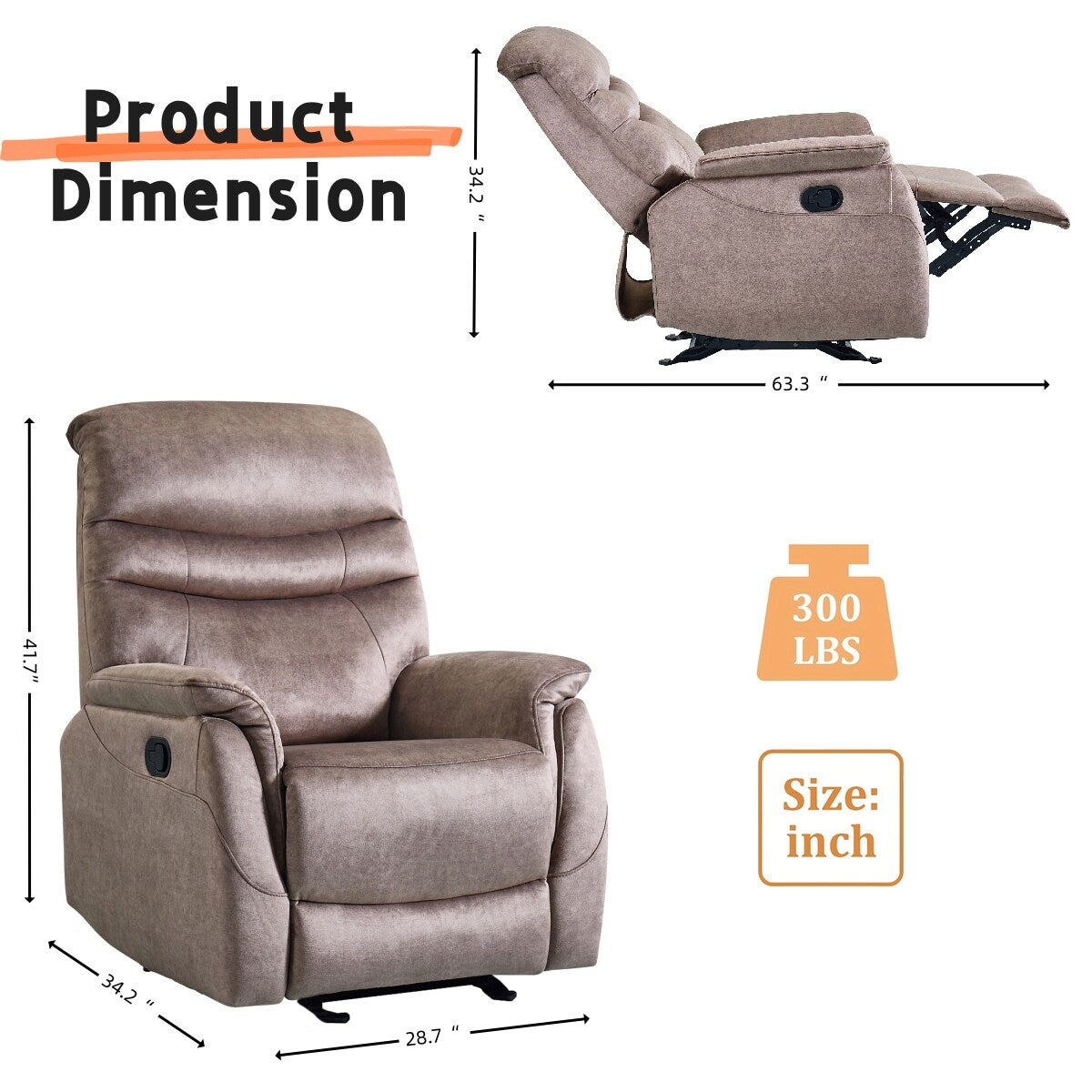 Fauteuil à bascule manuel ergonomique, fauteuil inclinable réglable moderne, dossier haut, canapé simple, siège rembourré