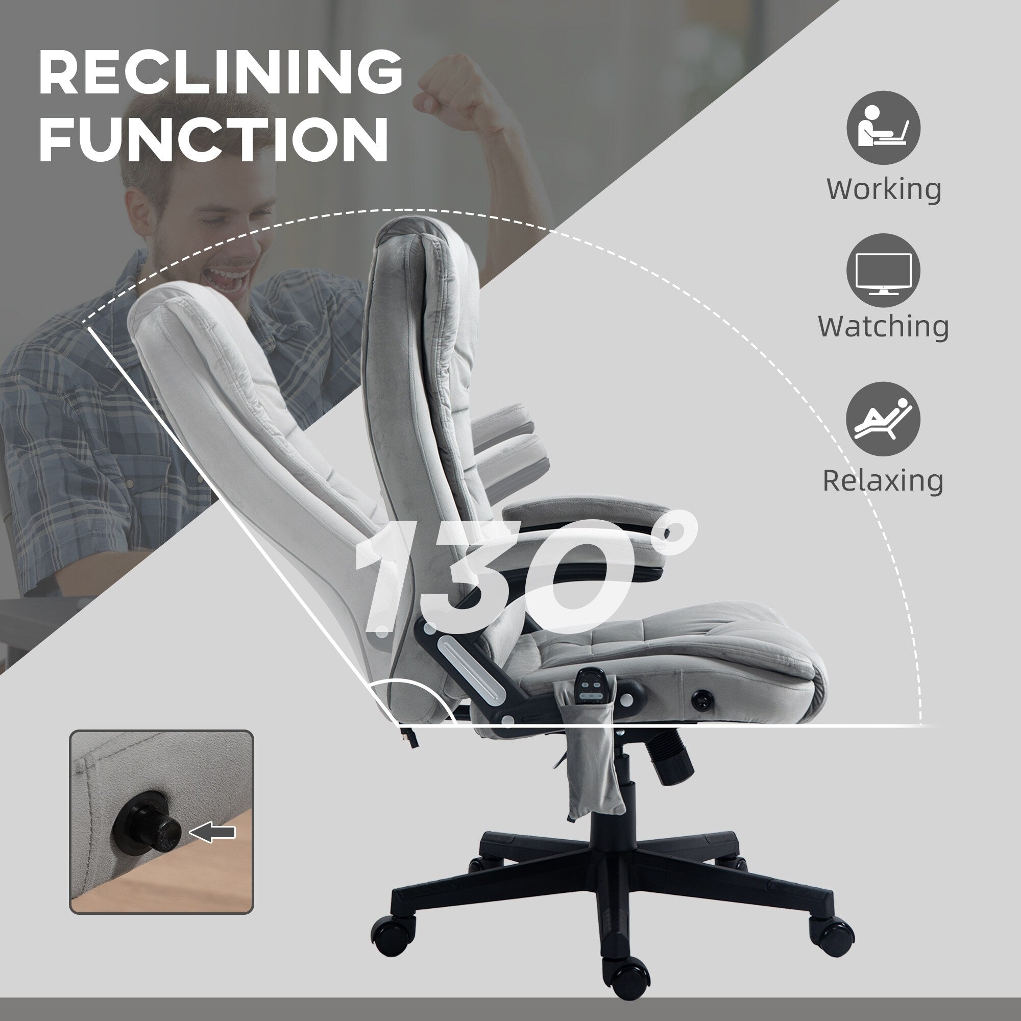 Fauteuil de bureau ergonomique et massant, inclinable et réglable à dossier haut, avec accoudoirs rembourrés et chauffage lombaire