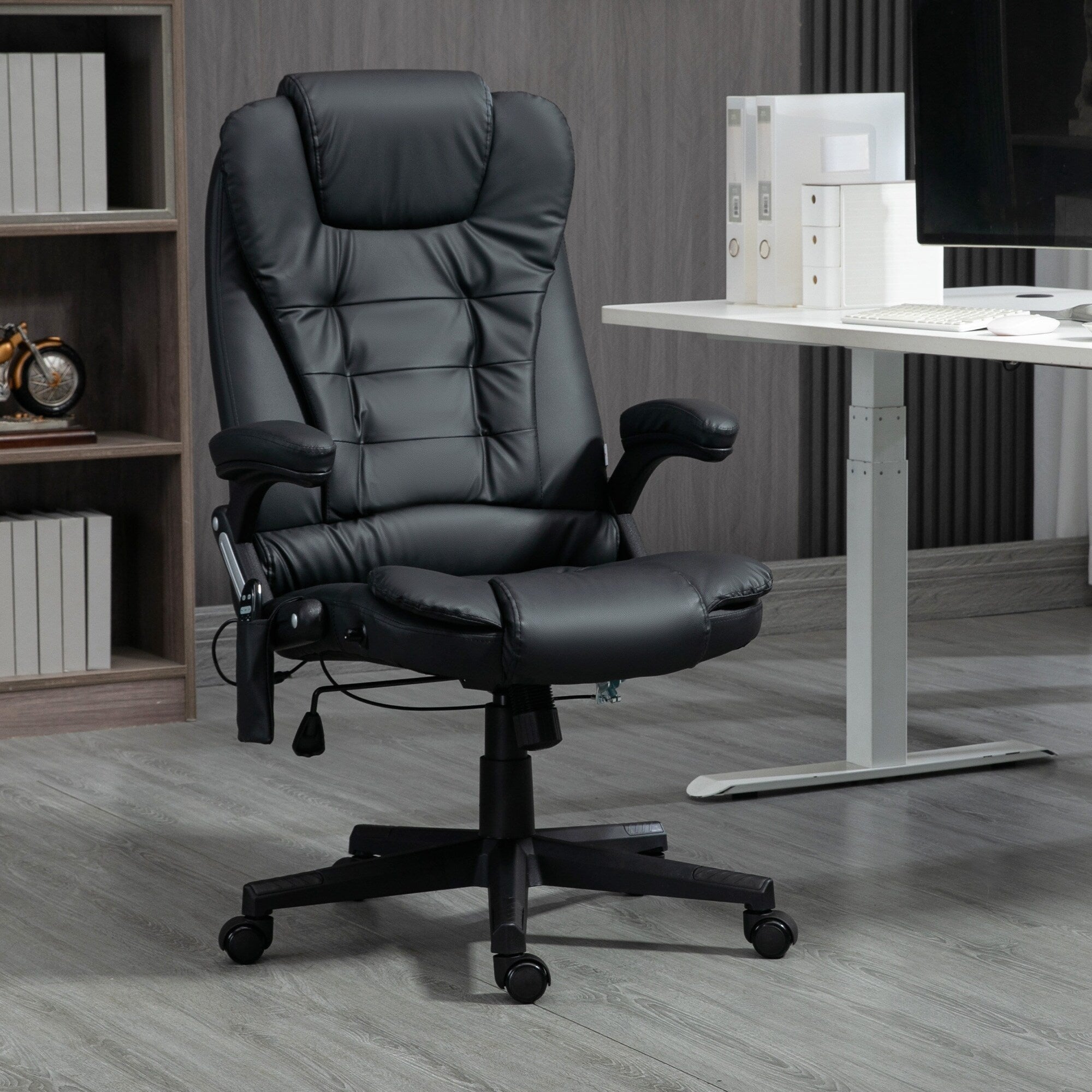 Fauteuil de bureau ergonomique et massant, inclinable et réglable à dossier haut, avec accoudoirs rembourrés et chauffage lombaire