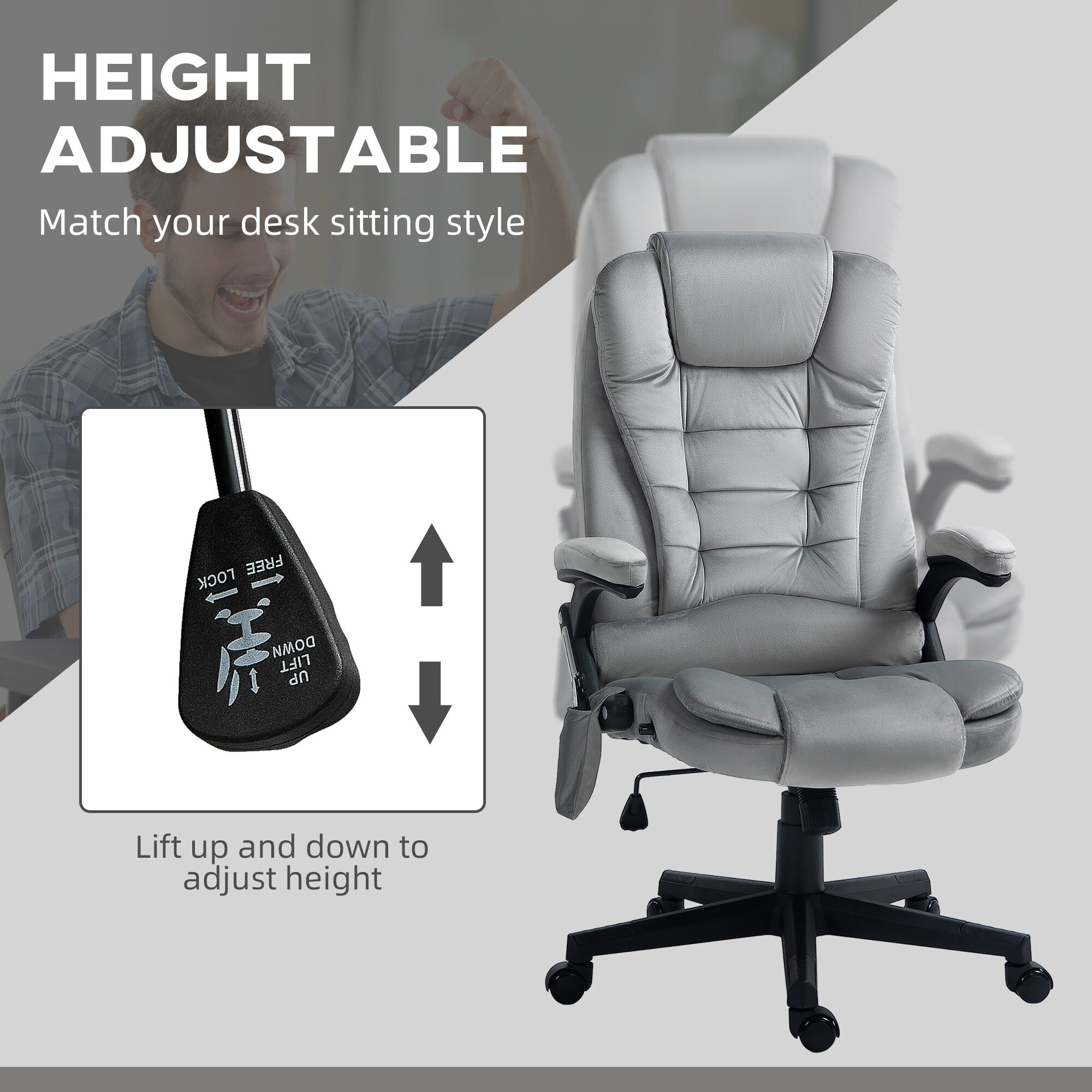 Fauteuil de bureau ergonomique et massant, inclinable et réglable à dossier haut, avec accoudoirs rembourrés et chauffage lombaire