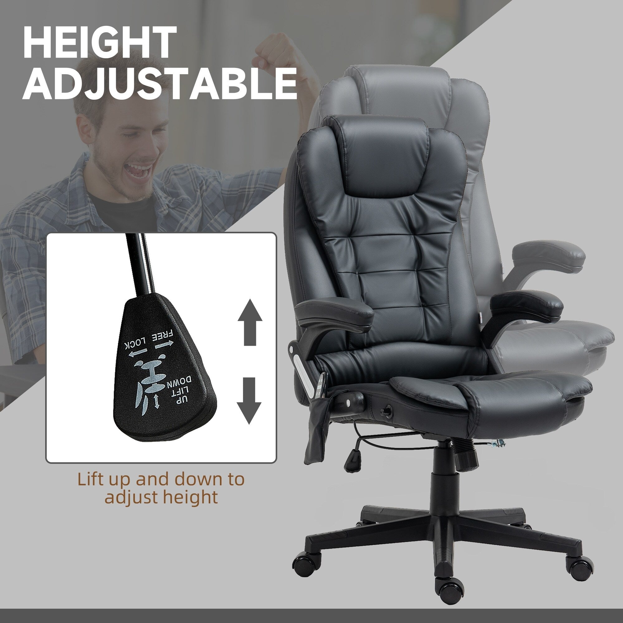 Fauteuil de bureau ergonomique et massant, inclinable et réglable à dossier haut, avec accoudoirs rembourrés et chauffage lombaire