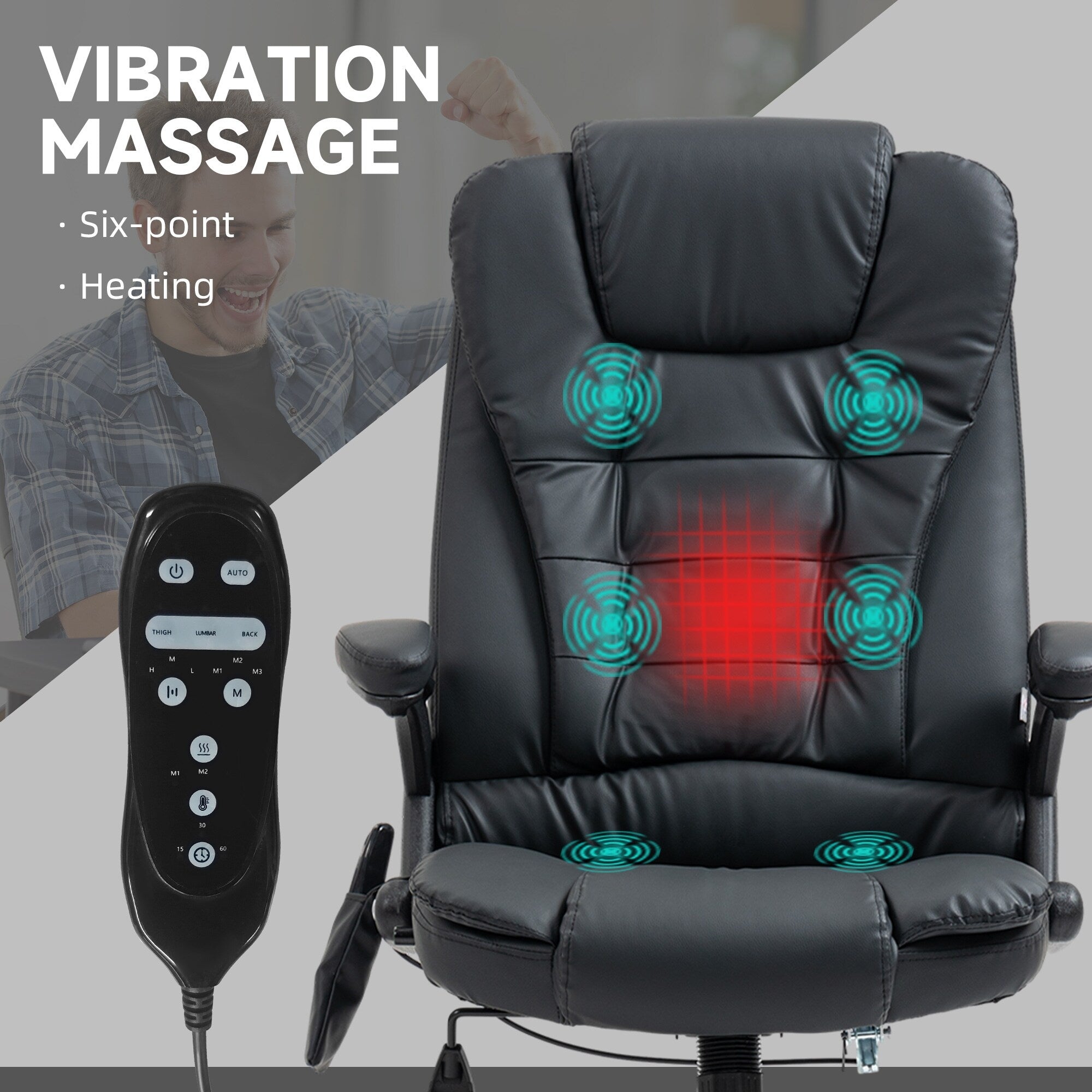 Fauteuil de bureau ergonomique et massant, inclinable et réglable à dossier haut, avec accoudoirs rembourrés et chauffage lombaire