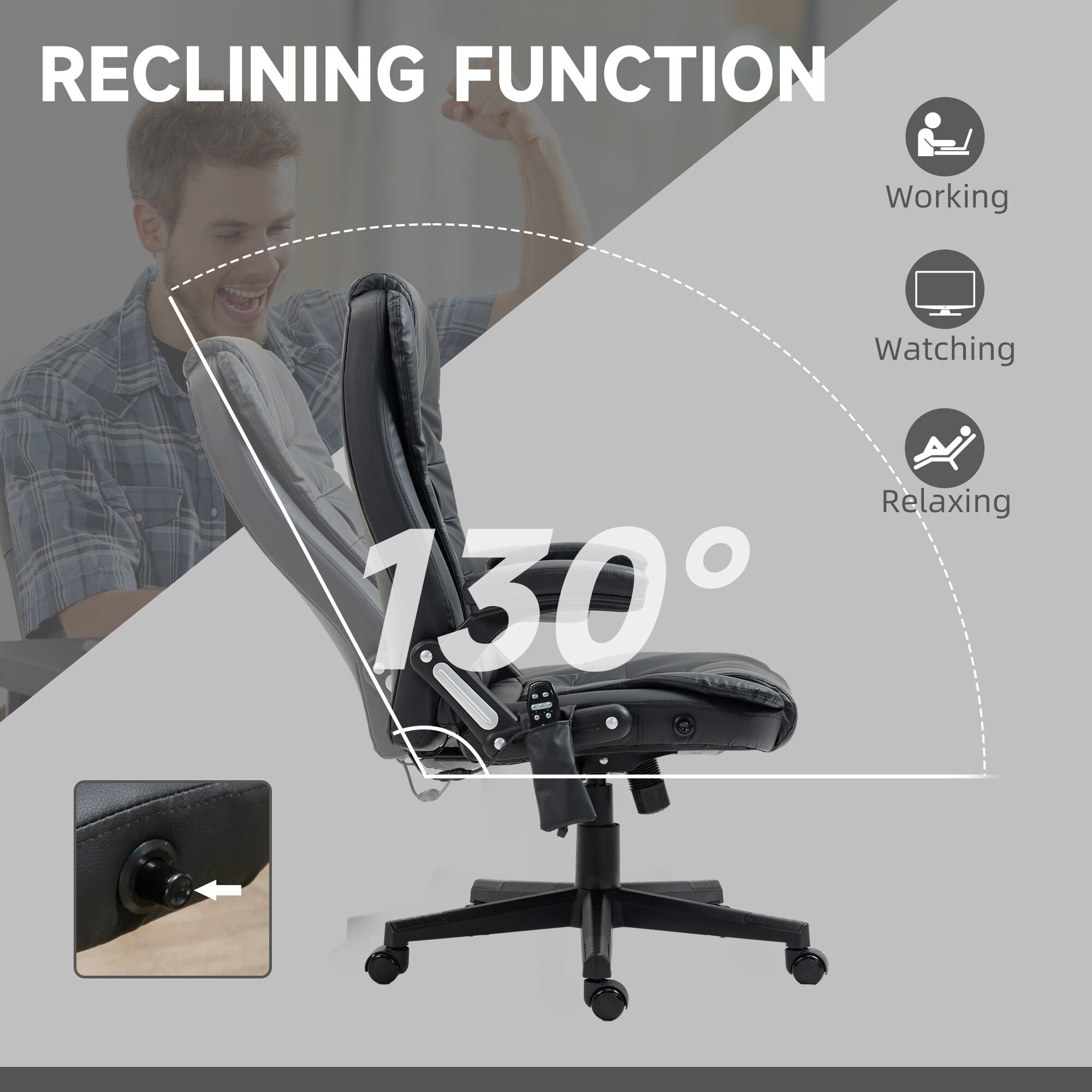 Fauteuil de bureau ergonomique et massant, inclinable et réglable à dossier haut, avec accoudoirs rembourrés et chauffage lombaire