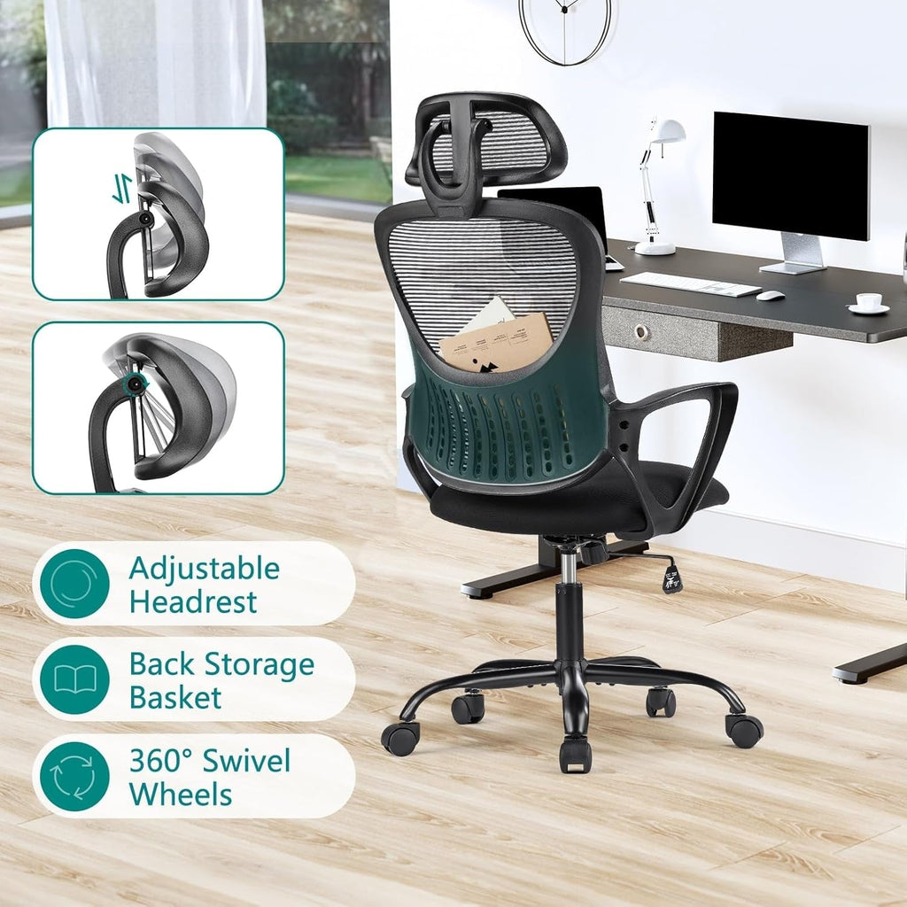 Chaise de bureau ergonomique en maille, dossier haut avec accoudoirs, soutien lombaire, chaise de bureau pivotante pour ordinateur