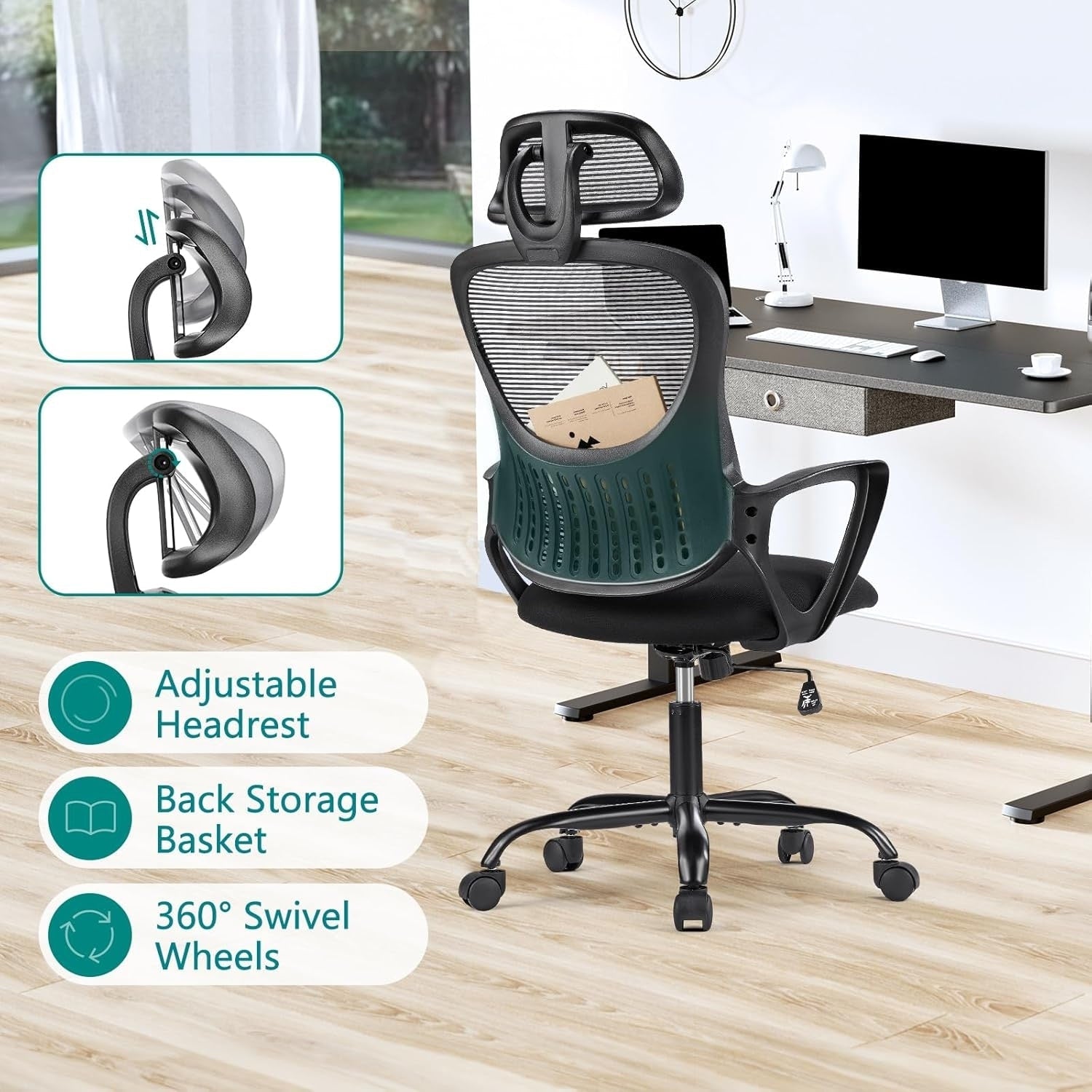 Chaise de bureau ergonomique en maille, dossier haut avec accoudoirs, soutien lombaire, chaise de bureau pivotante pour ordinateur