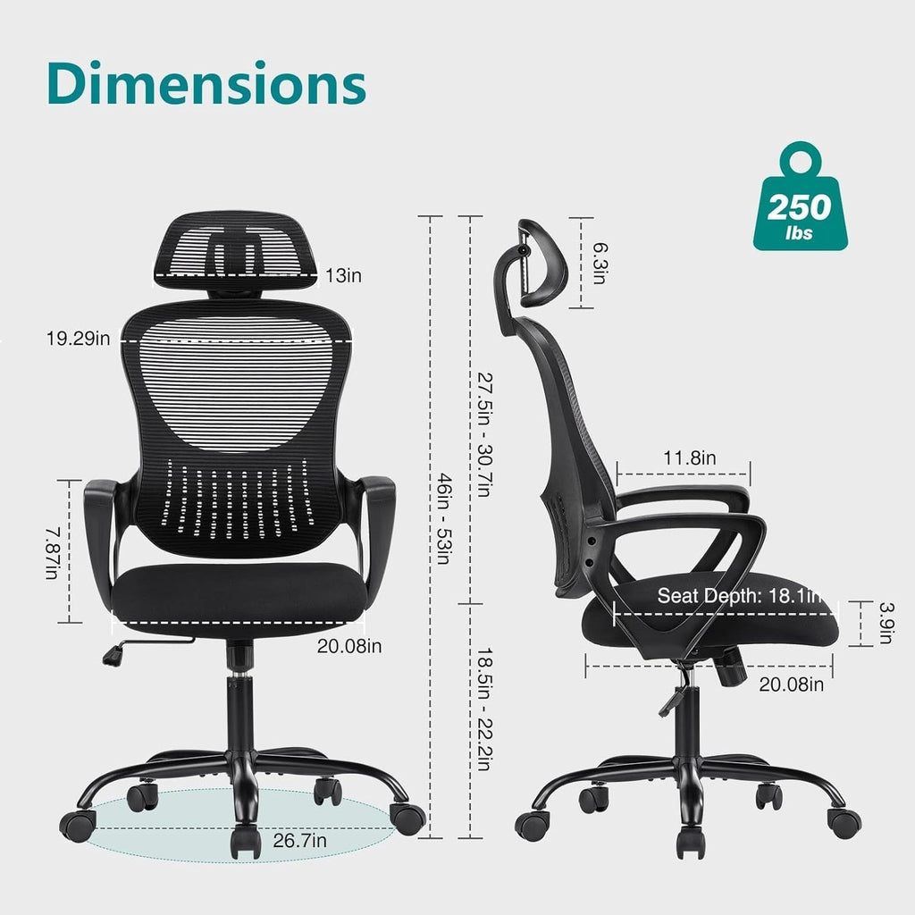 Chaise de bureau ergonomique en maille, dossier haut avec accoudoirs, soutien lombaire, chaise de bureau pivotante pour ordinateur