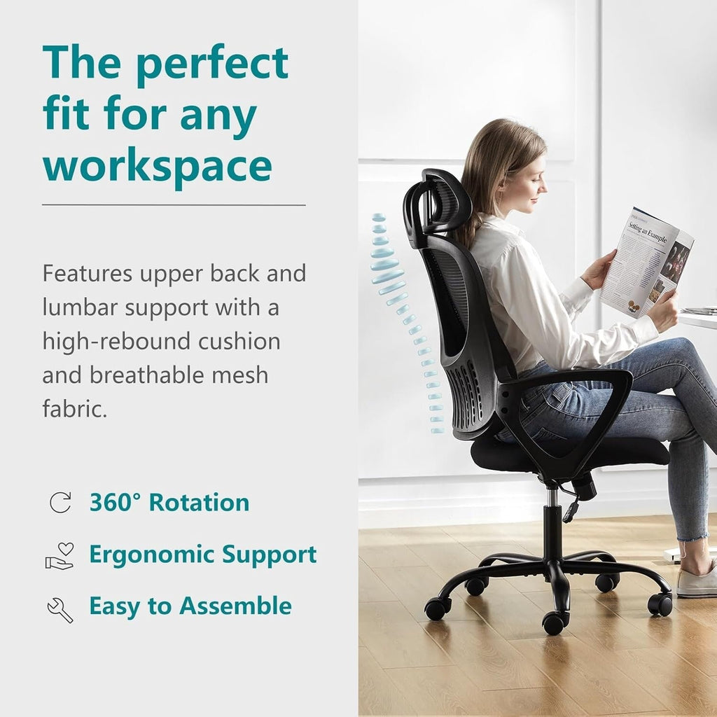 Chaise de bureau ergonomique en maille, dossier haut avec accoudoirs, soutien lombaire, chaise de bureau pivotante pour ordinateur