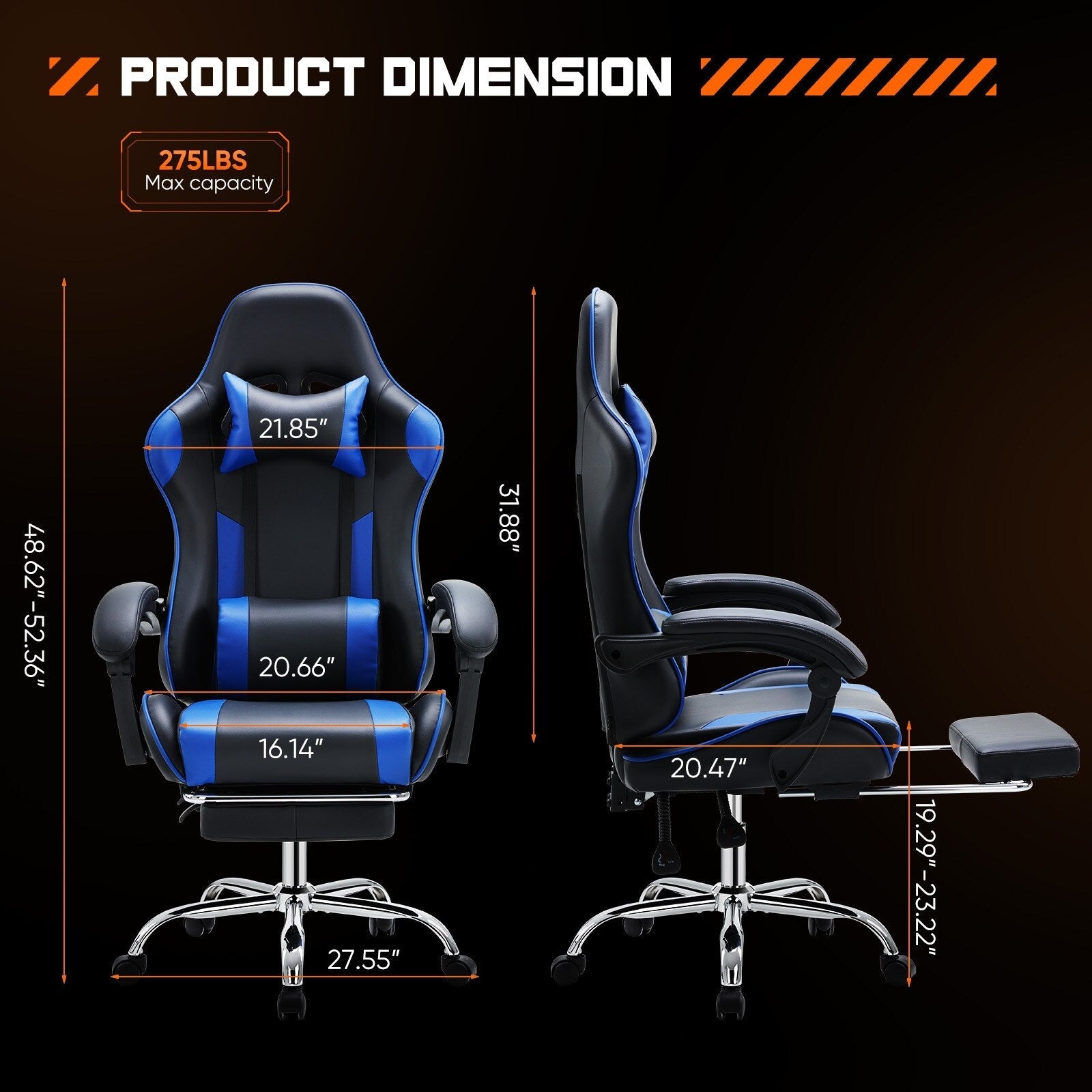 Fauteuil de jeu ergonomique pivotant à 360° en cuir PU avec repose-pieds, appui-tête, support lombaire et hauteur réglable