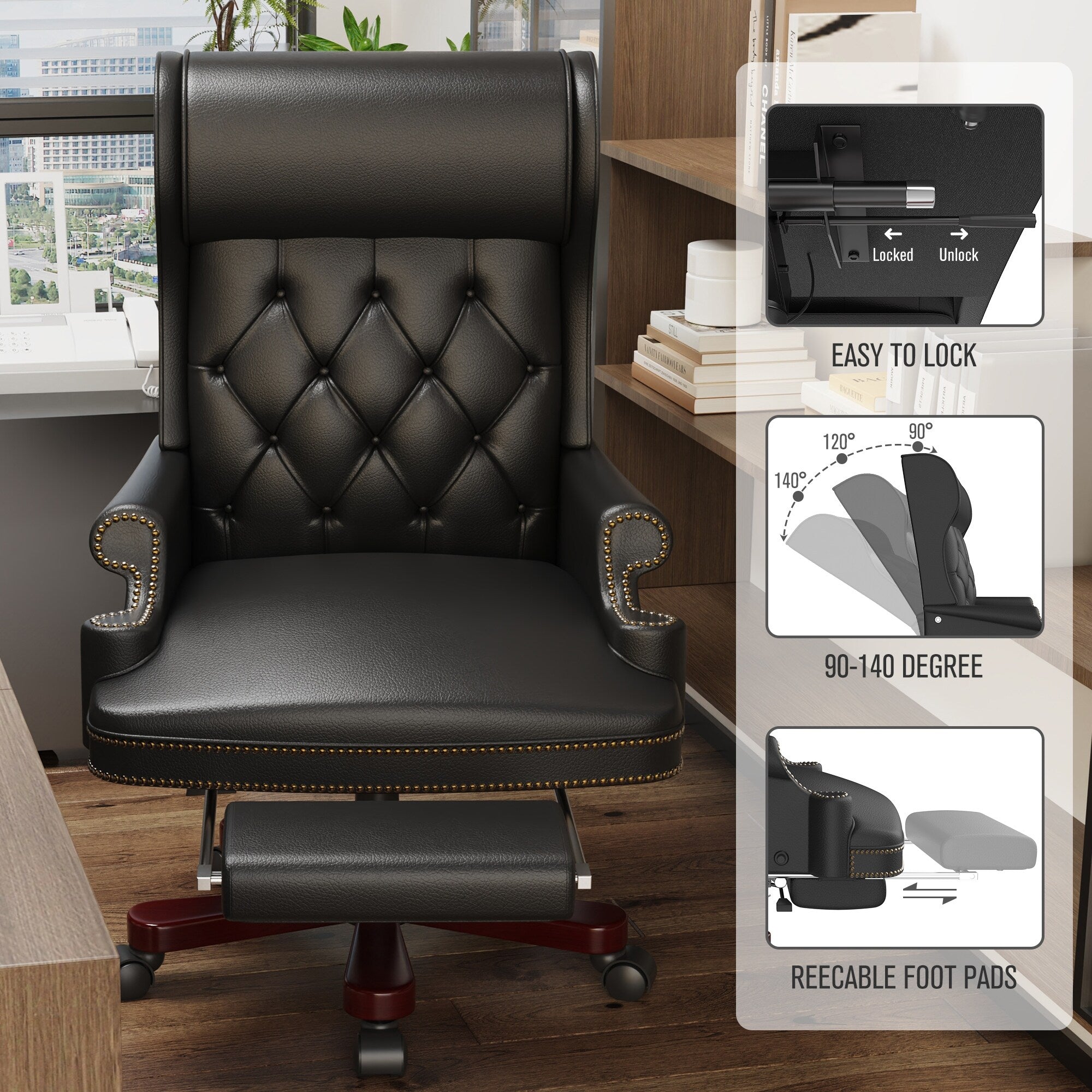 Fauteuil de bureau pivotant ergonomique en cuir PU avec repose-pieds, dossier capitonné et décoration cloutée