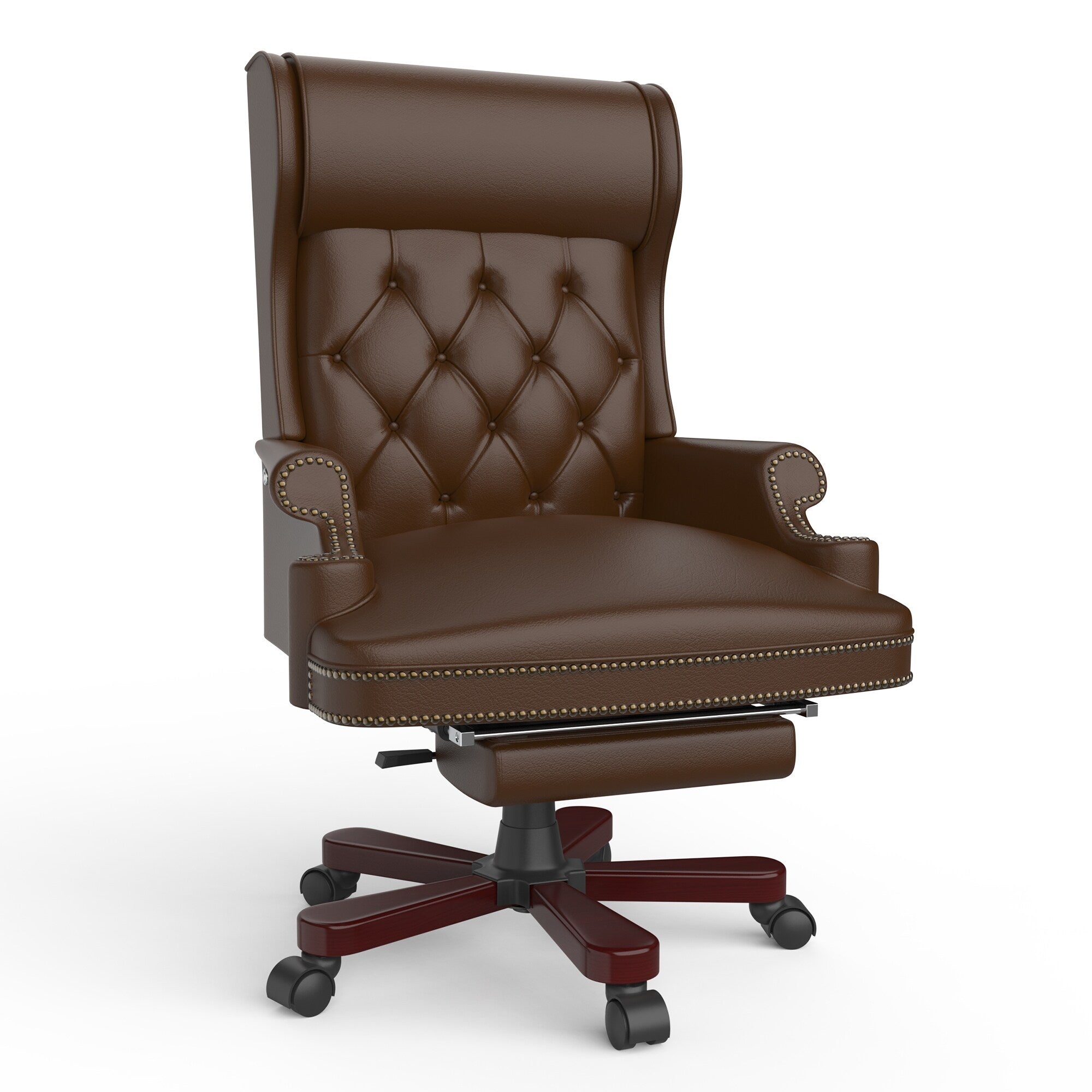 Fauteuil de bureau pivotant ergonomique en cuir PU avec repose-pieds, dossier capitonné et décoration cloutée