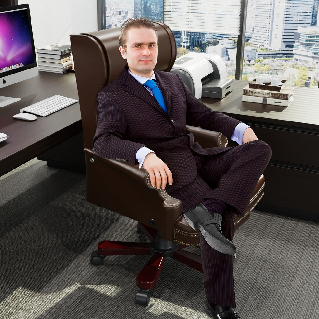 Fauteuil de bureau pivotant ergonomique en cuir PU avec repose-pieds, dossier capitonné et décoration cloutée