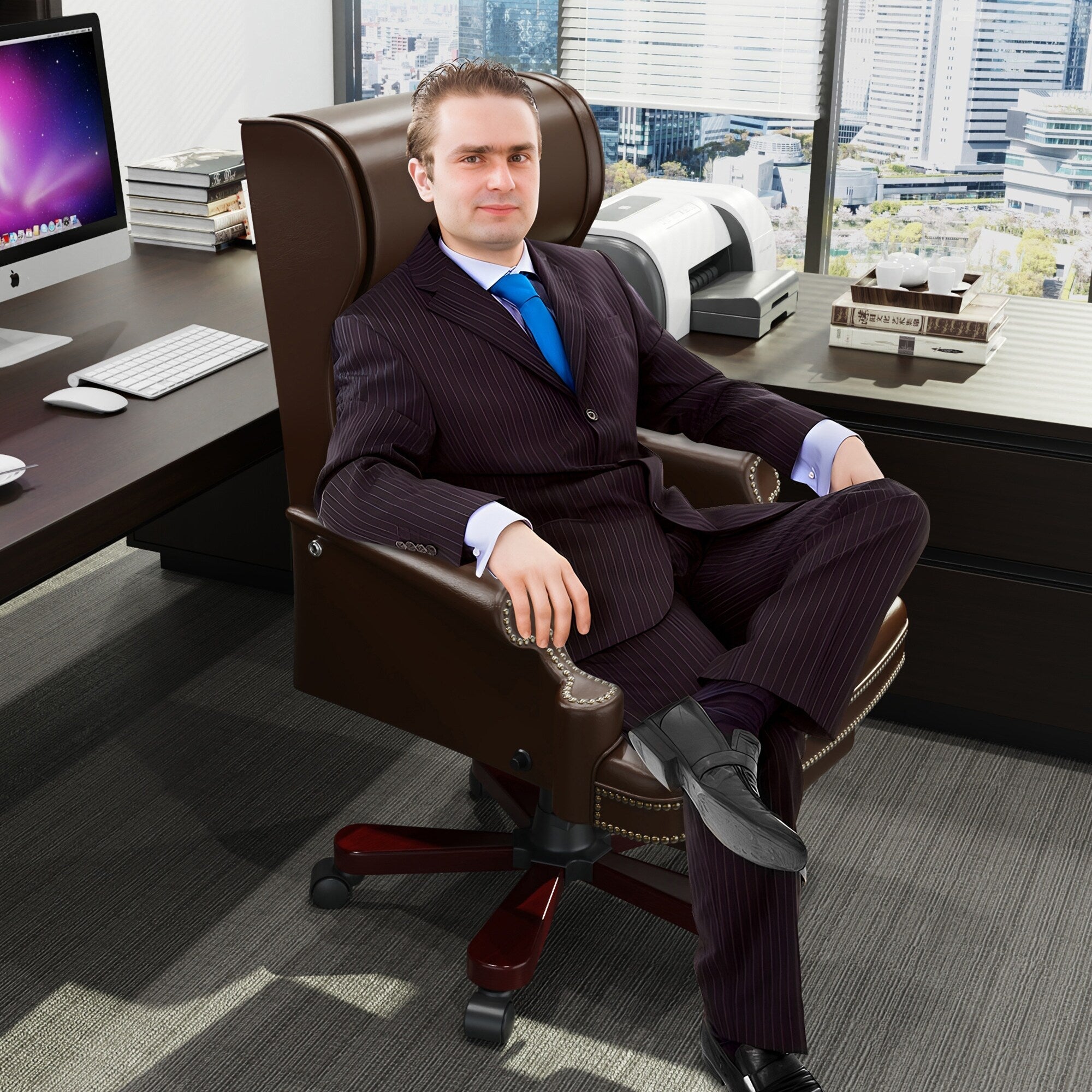 Fauteuil de bureau pivotant ergonomique en cuir PU avec repose-pieds, dossier capitonné et décoration cloutée