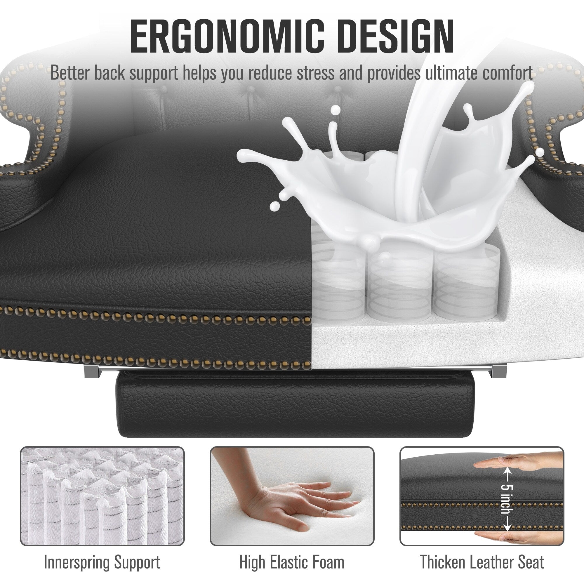 Fauteuil de bureau pivotant ergonomique en cuir PU avec repose-pieds, dossier capitonné et décoration cloutée