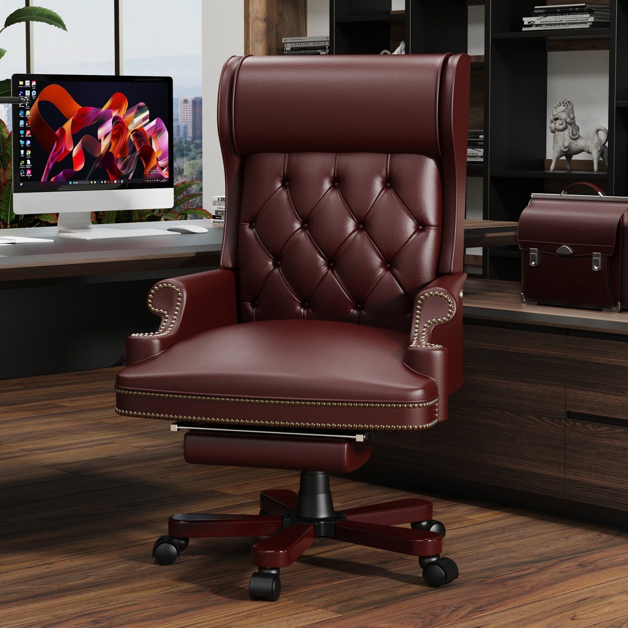 Fauteuil de bureau pivotant ergonomique en cuir PU avec repose-pieds, dossier capitonné et décoration cloutée