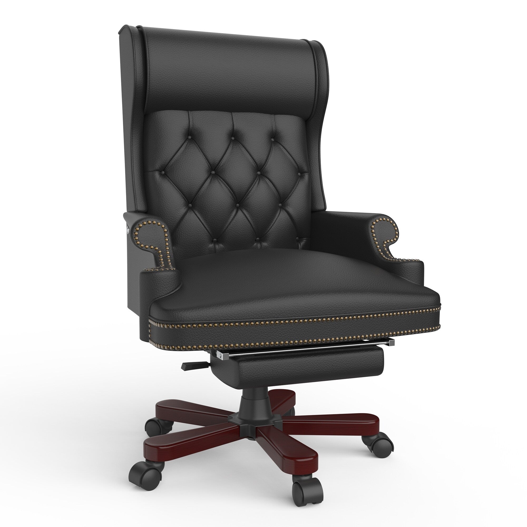 Fauteuil de bureau pivotant ergonomique en cuir PU avec repose-pieds, dossier capitonné et décoration cloutée