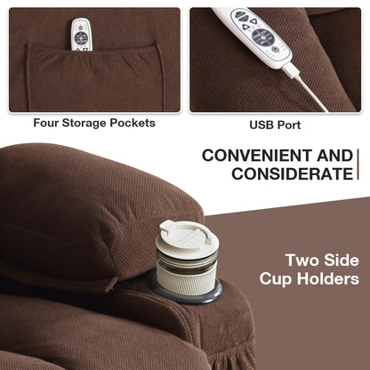 Fauteuil inclinable ergonomique avec releveur électrique, canapé chauffant et massant en tissu avec chargement USB, poches latérales et télécommande