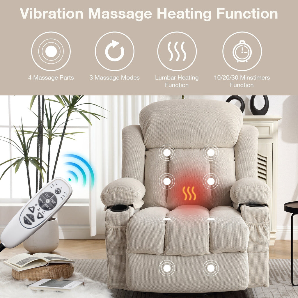 Fauteuil inclinable ergonomique avec releveur électrique, canapé chauffant et massant en tissu avec chargement USB, poches latérales et télécommande