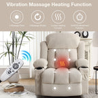 Fauteuil inclinable ergonomique avec releveur électrique, canapé chauffant et massant en tissu avec chargement USB, poches latérales et télécommande