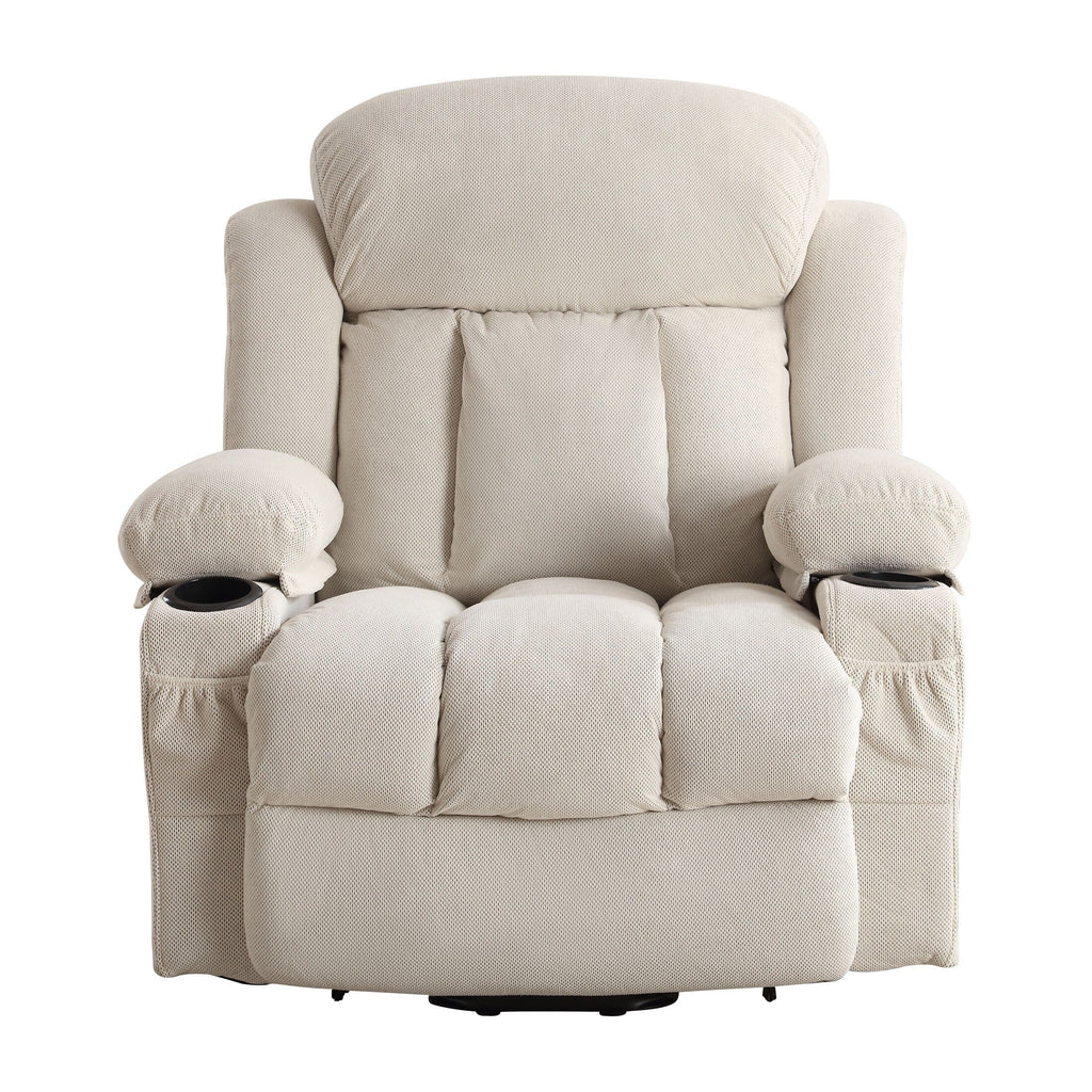 Fauteuil inclinable ergonomique avec releveur électrique, canapé chauffant et massant en tissu avec chargement USB, poches latérales et télécommande