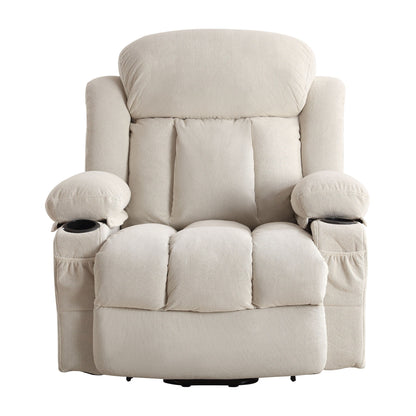 Fauteuil inclinable ergonomique avec releveur électrique, canapé chauffant et massant en tissu avec chargement USB, poches latérales et télécommande