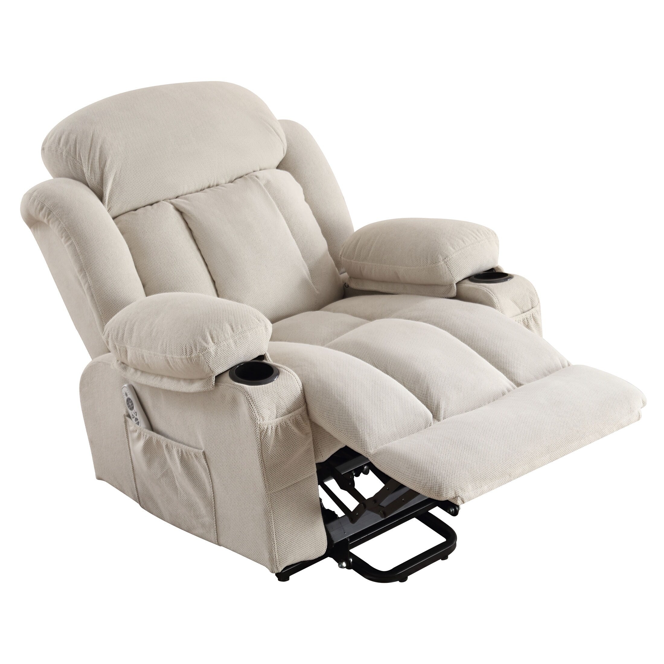 Fauteuil inclinable ergonomique avec releveur électrique, canapé chauffant et massant en tissu avec chargement USB, poches latérales et télécommande