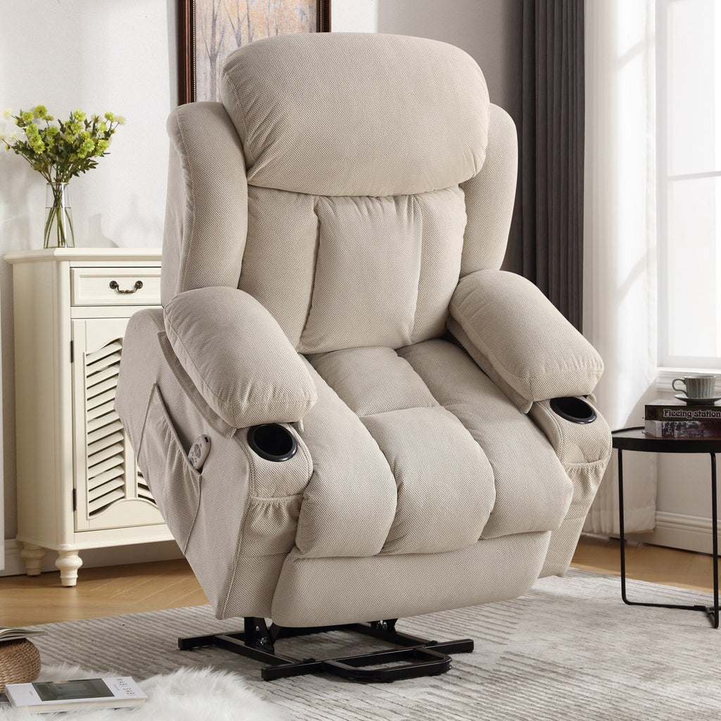 Fauteuil inclinable ergonomique avec releveur électrique, canapé chauffant et massant en tissu avec chargement USB, poches latérales et télécommande