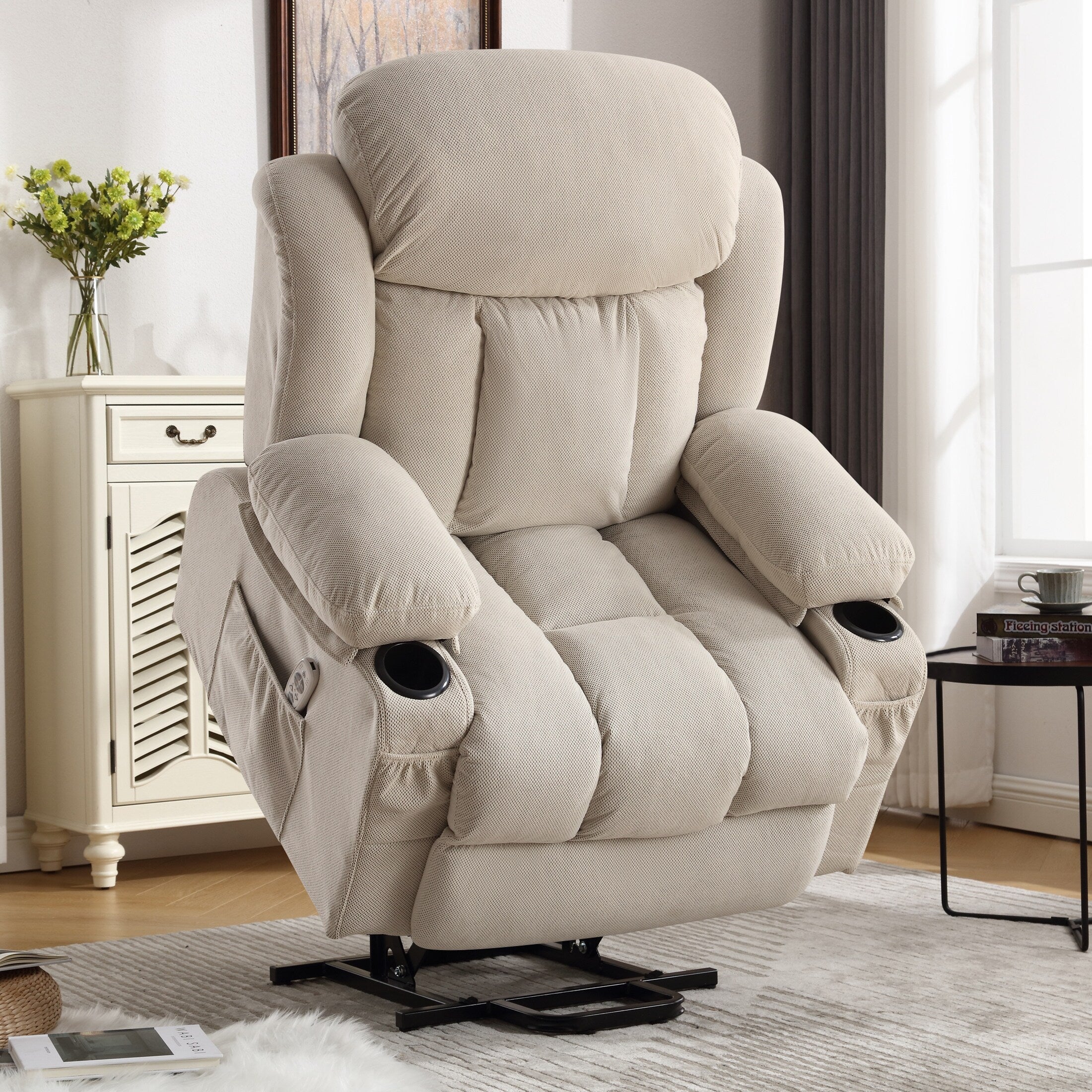 Fauteuil inclinable ergonomique avec releveur électrique, canapé chauffant et massant en tissu avec chargement USB, poches latérales et télécommande