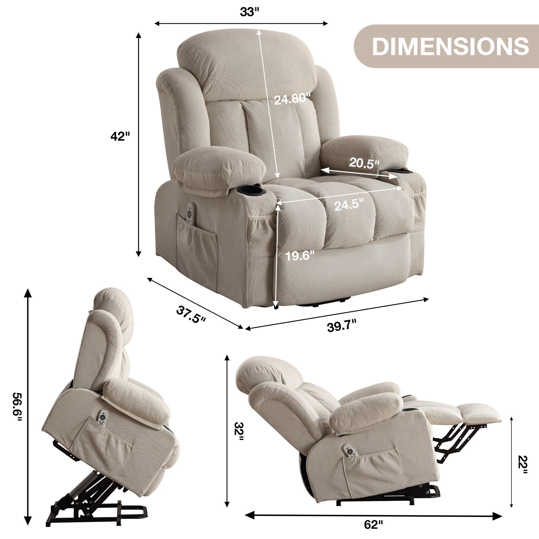Fauteuil inclinable ergonomique avec releveur électrique, canapé chauffant et massant en tissu avec chargement USB, poches latérales et télécommande
