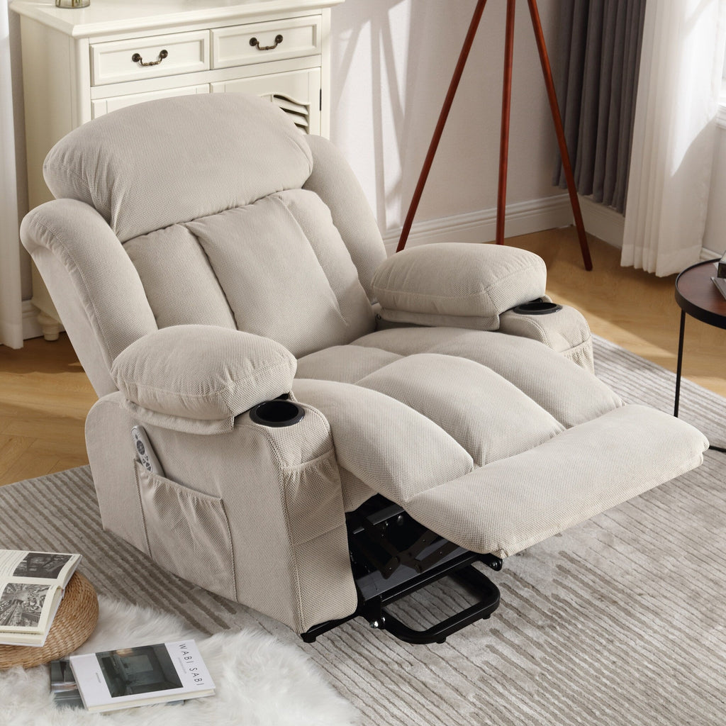 Fauteuil inclinable ergonomique avec releveur électrique, canapé chauffant et massant en tissu avec chargement USB, poches latérales et télécommande