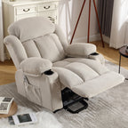 Fauteuil inclinable ergonomique avec releveur électrique, canapé chauffant et massant en tissu avec chargement USB, poches latérales et télécommande
